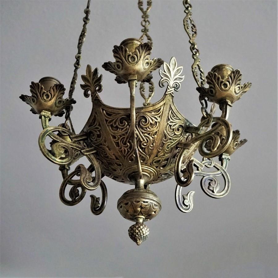 Spanish Gothic Revival Bronze Church Sanctuary Lamp Candle Chandelier Spain 18th Century For Sale