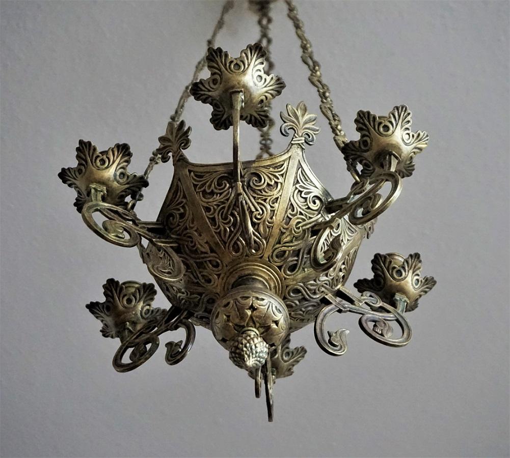 Brass Gothic Revival Bronze Church Sanctuary Lamp Candle Chandelier Spain 18th Century For Sale