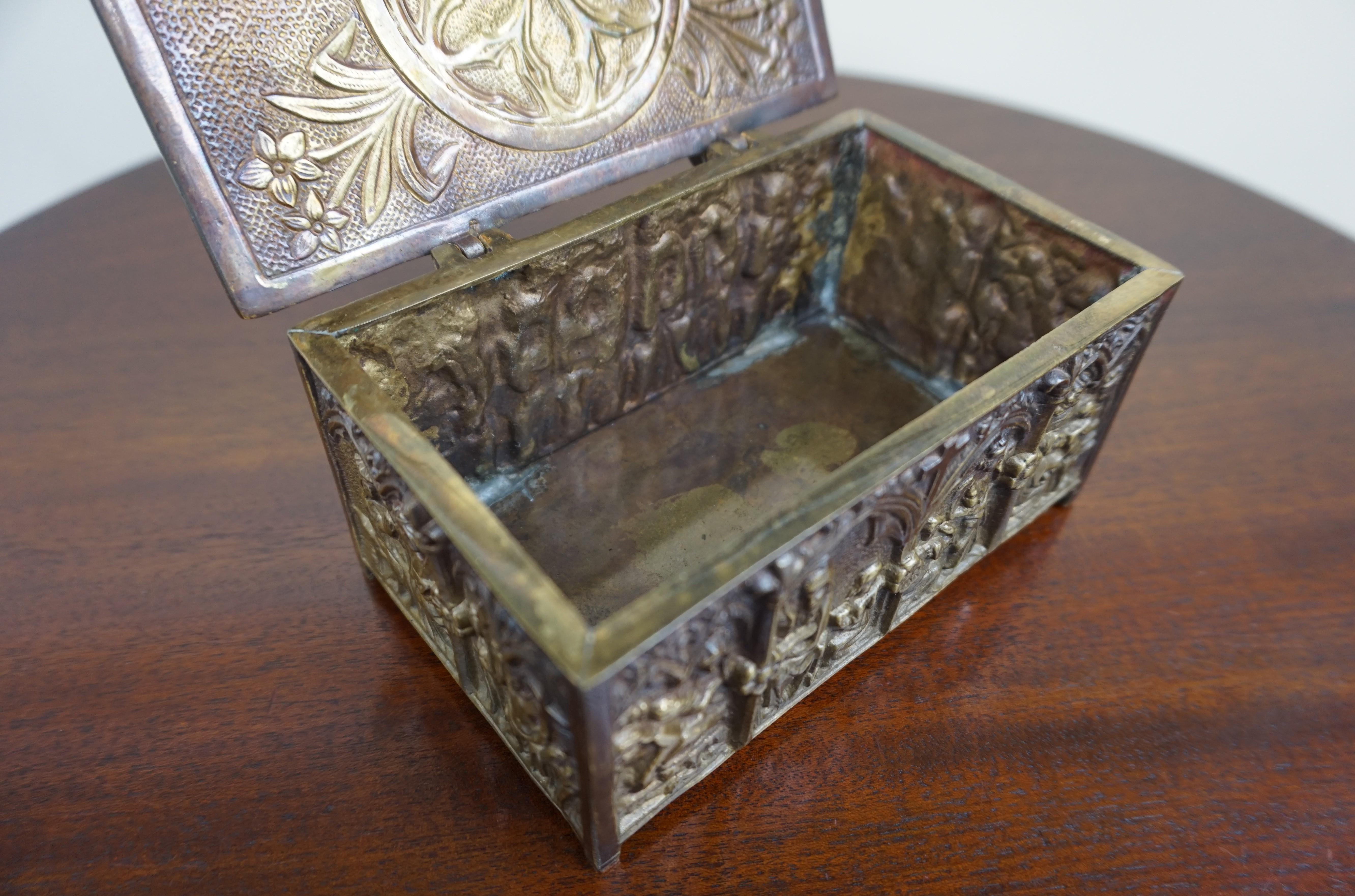 Gothic Revival Bronze Jewelry Box with Biblical Scenes in Church Window Panels 4