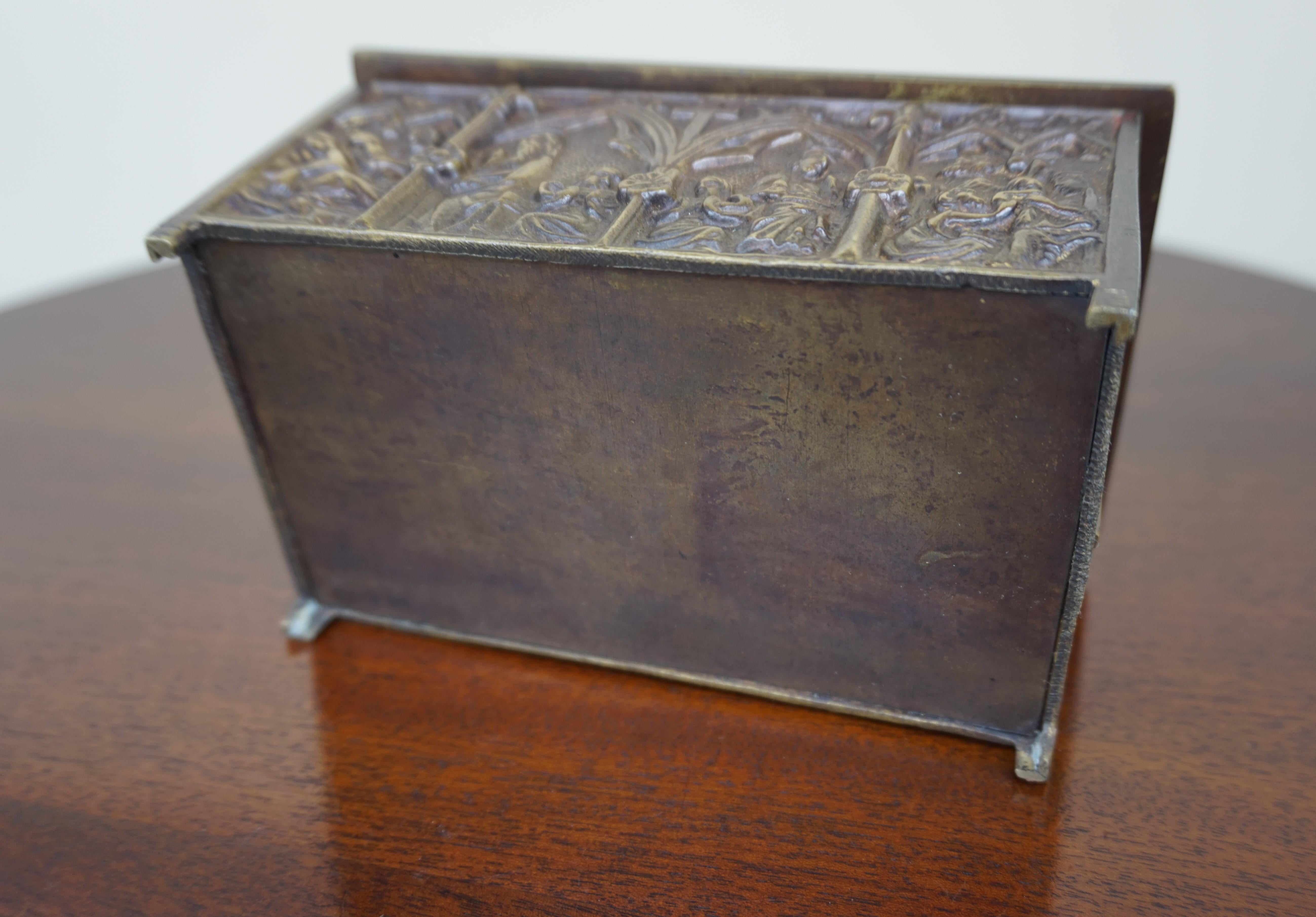 Gothic Revival Bronze Jewelry Box with Biblical Scenes in Church Window Panels 6