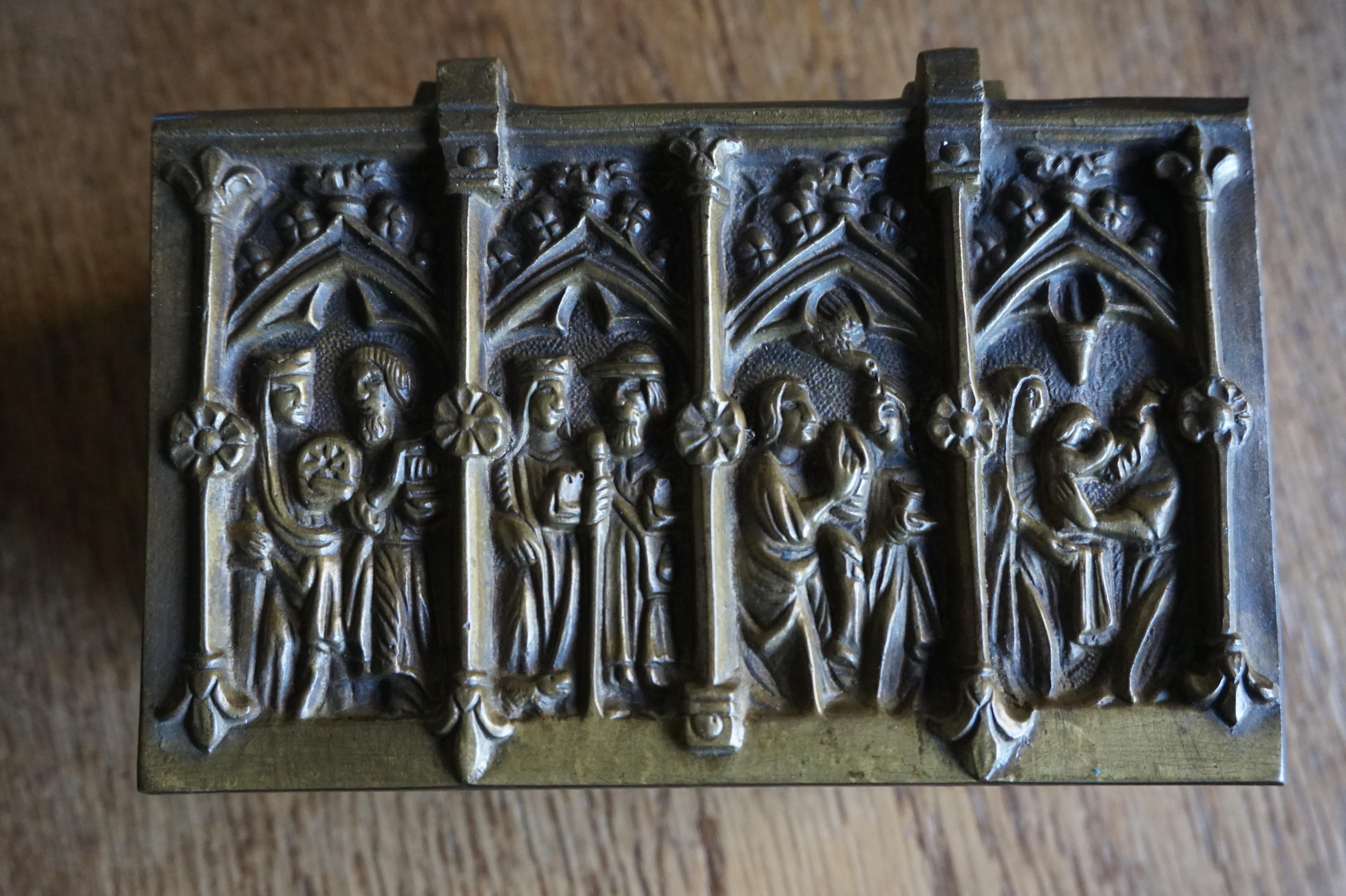 Gothic Revival Bronze Jewelry Box with Biblical Scenes in Church Window Panels 8