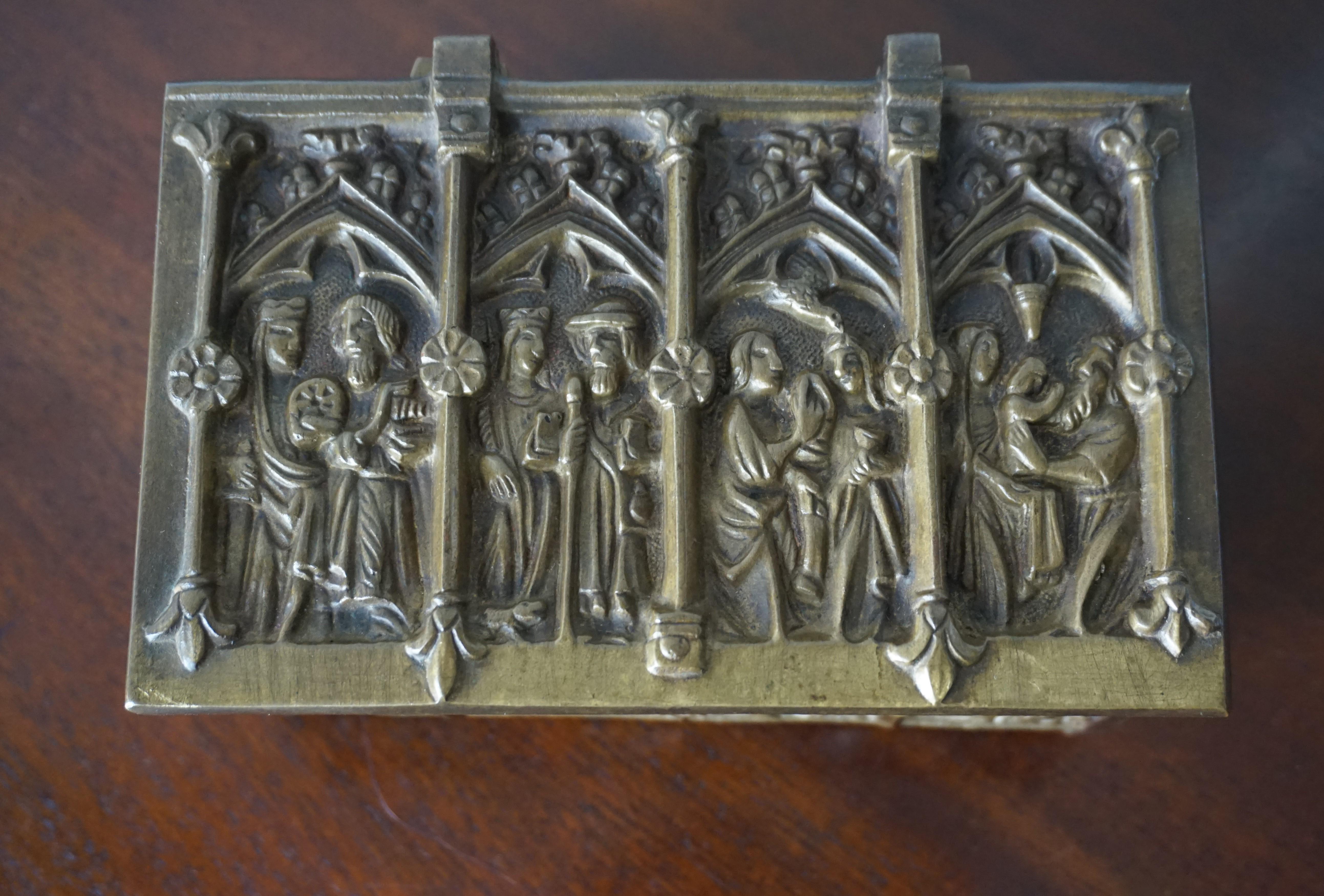 Antique and wonderfully designed bronze Gothic box with birth of Christ scenes and more.

Over the years we have sold a number of rare and unique boxes, but never a Gothic Revival one looking like a medieval antiquity and with such a marvelous