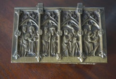 Gothic Revival Bronze Jewelry Box with Biblical Scenes in Church Window Panels