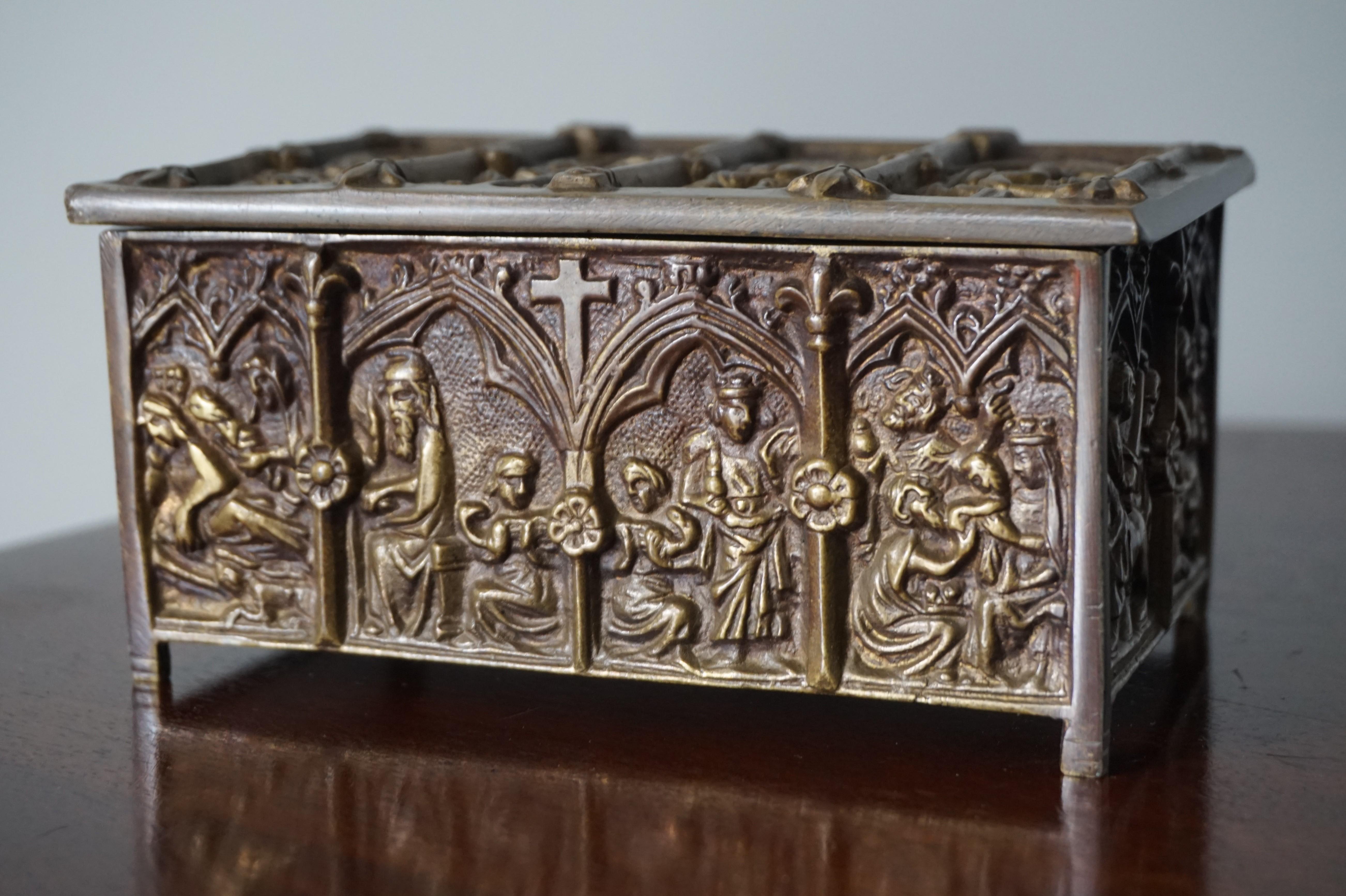 European Gothic Revival Bronze Jewelry Box with Biblical Scenes in Church Window Panels