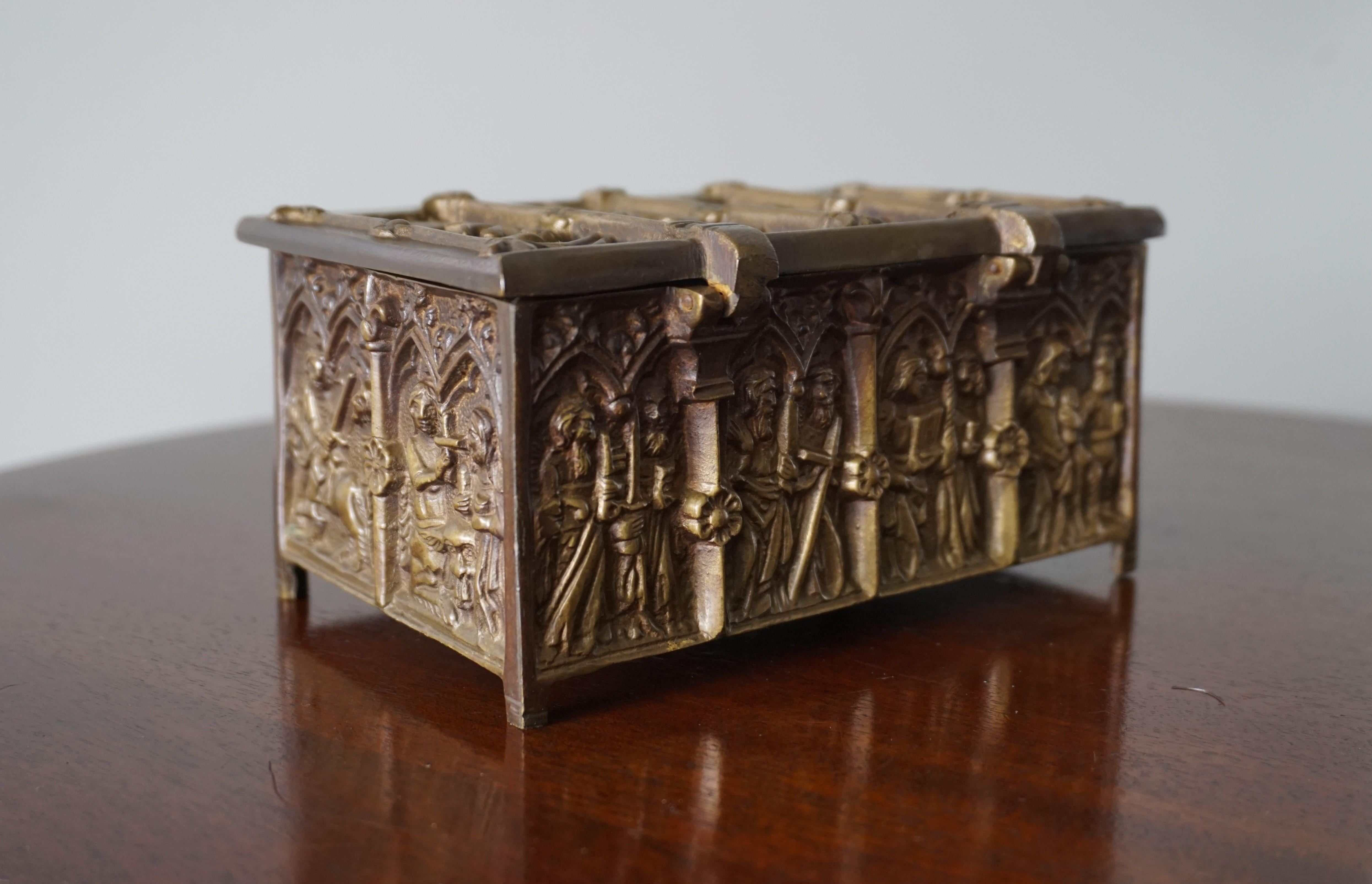 Patinated Gothic Revival Bronze Jewelry Box with Biblical Scenes in Church Window Panels