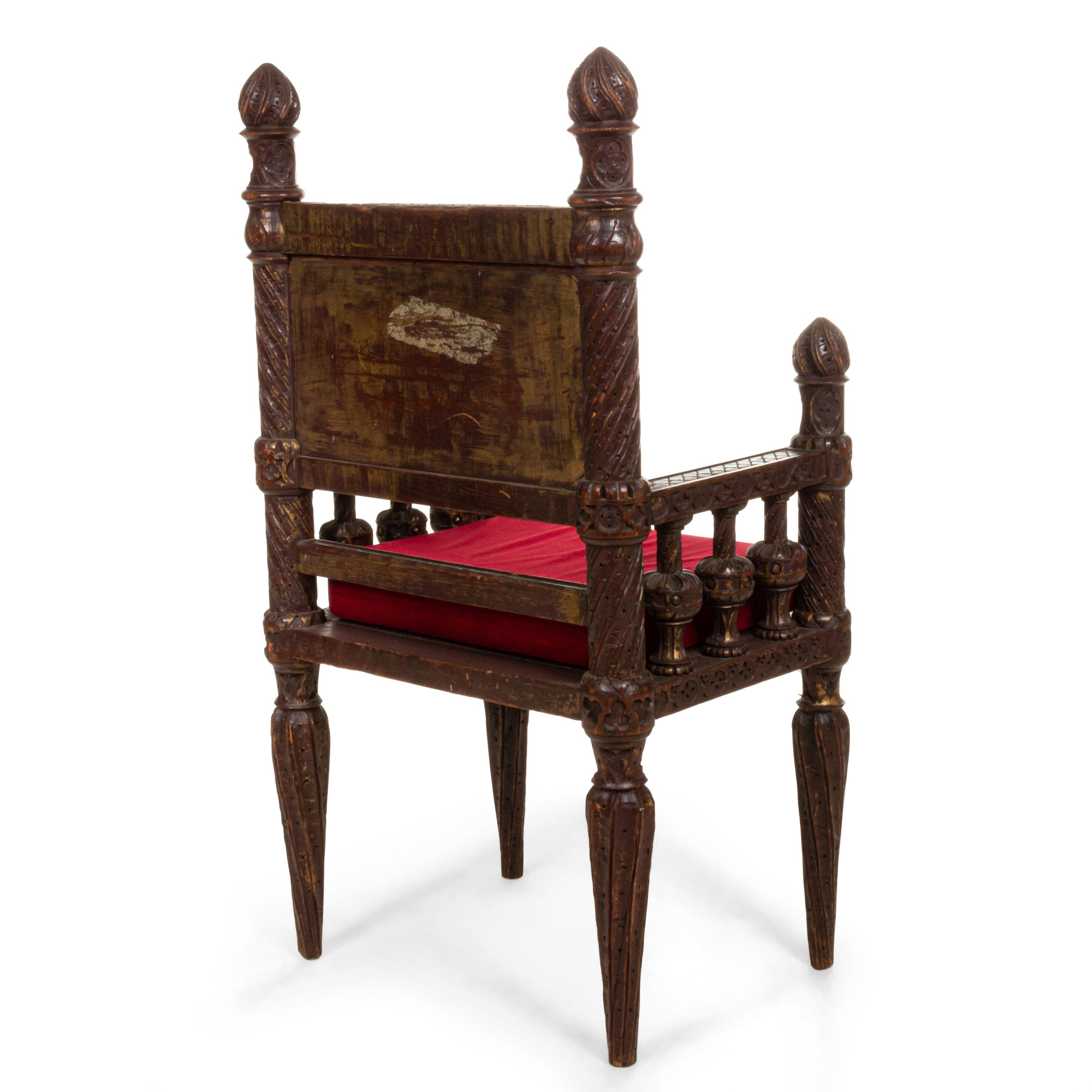 Oak Gothic Revival Burgundy Armchair For Sale