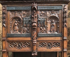 Gothic Revival Carved Oak Cabinet Depicting The Annunciation To The Virgin Mary