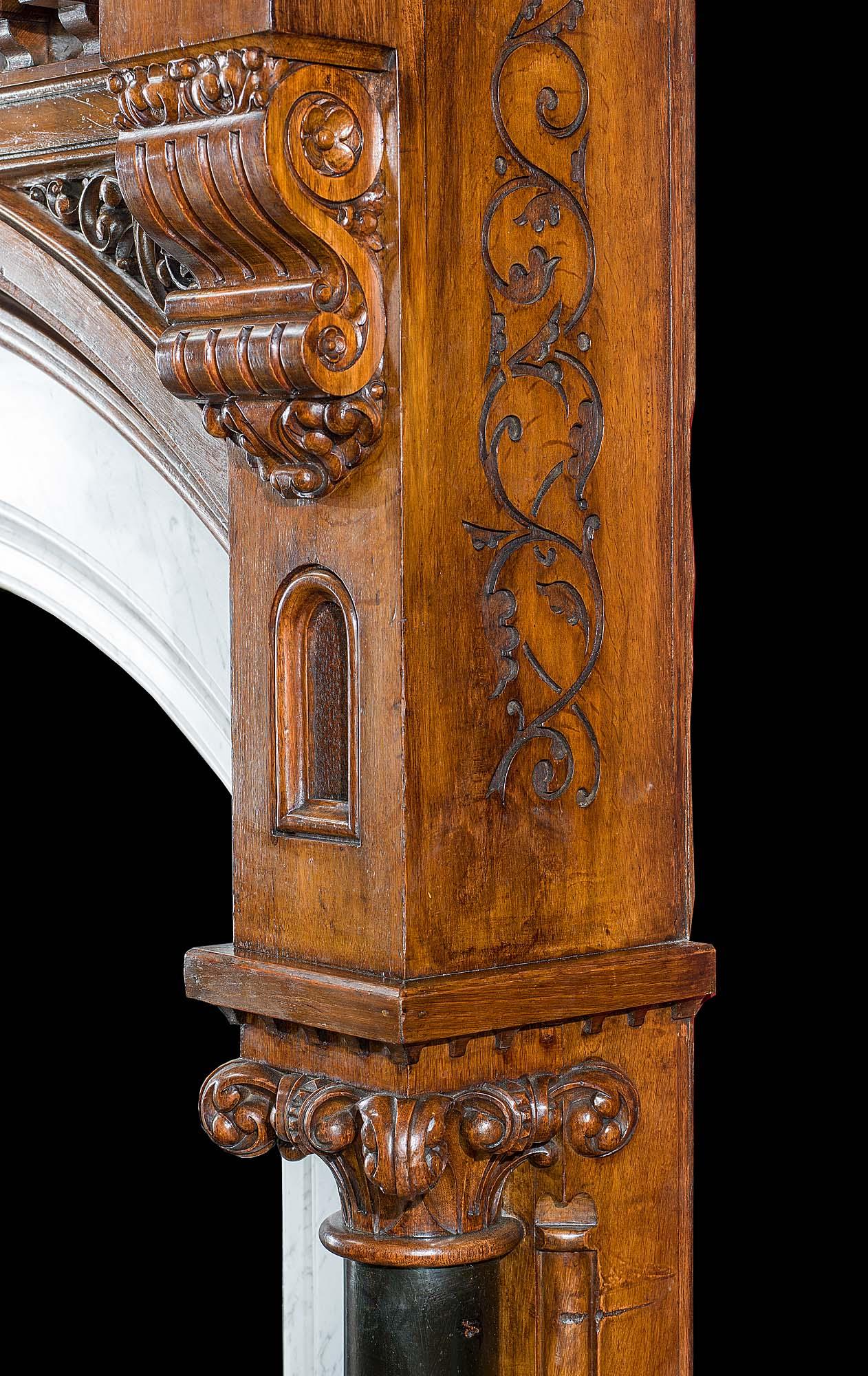 English Gothic Revival Carved Oak Fireplace  For Sale