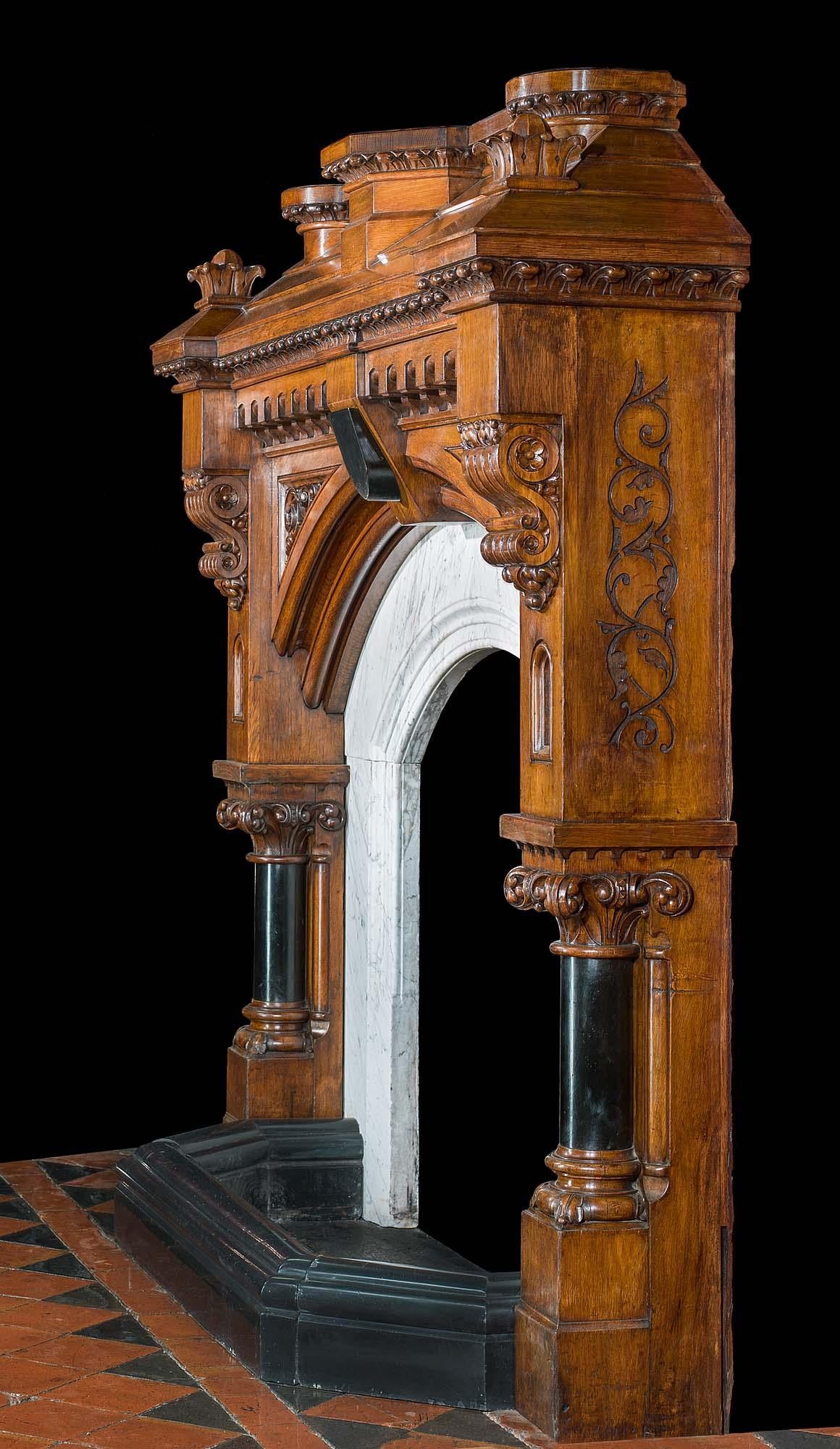 Gothic Revival Carved Oak Fireplace  In Good Condition For Sale In London, GB