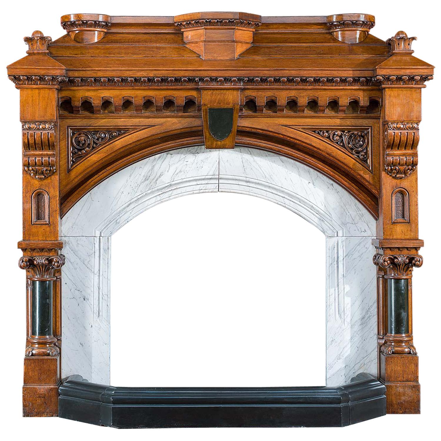 Gothic Revival Carved Oak Fireplace 