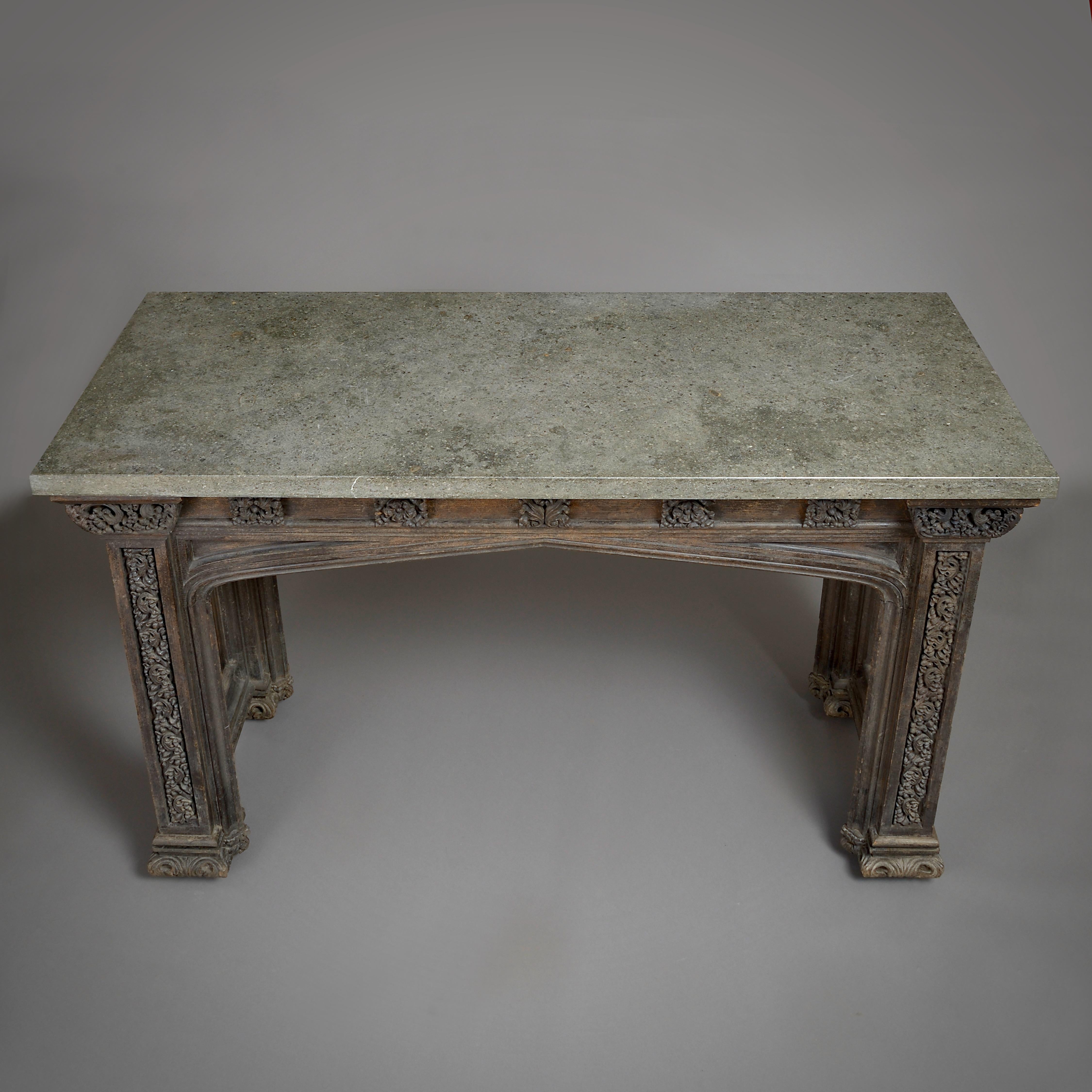 Marble Gothic Revival Carved Oak Side Table Possibly Designed by A.W.N. Pugin For Sale