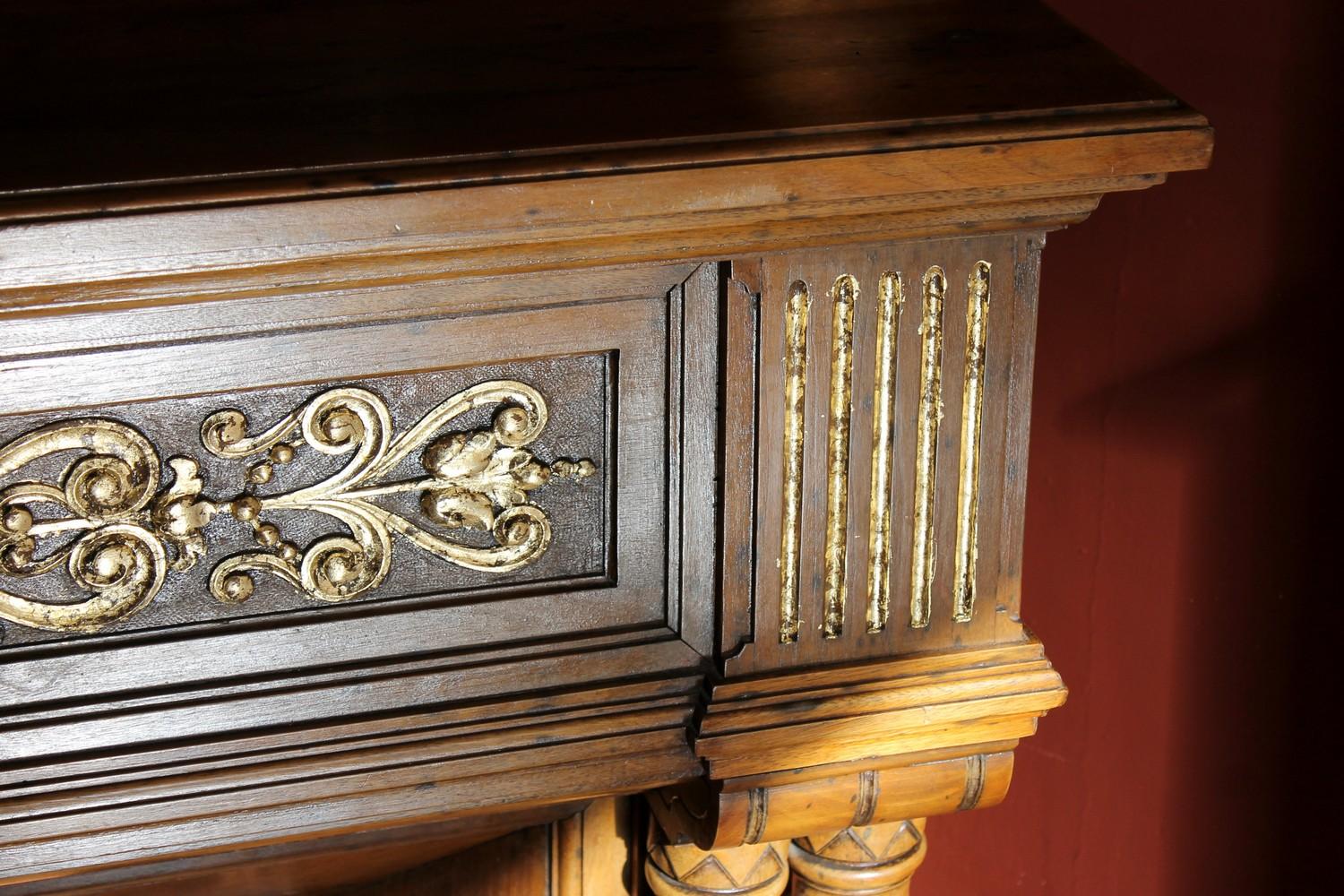 Gothic Revival Carved Walnut Wood and Parcel Gilt Chimney Fireplace Mantlepiece 5