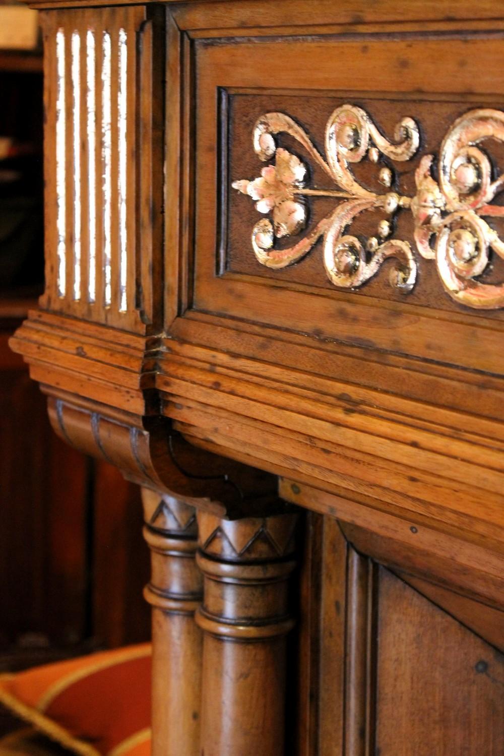 19th Century Gothic Revival Carved Walnut Wood and Parcel Gilt Chimney Fireplace Mantlepiece