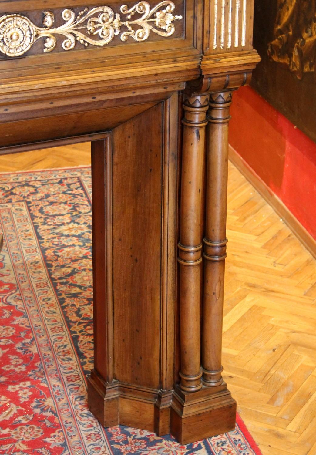 Gothic Revival Carved Walnut Wood and Parcel Gilt Chimney Fireplace Mantlepiece 2