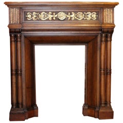 Gothic Revival Carved Walnut Wood and Parcel Gilt Chimney Fireplace Mantlepiece