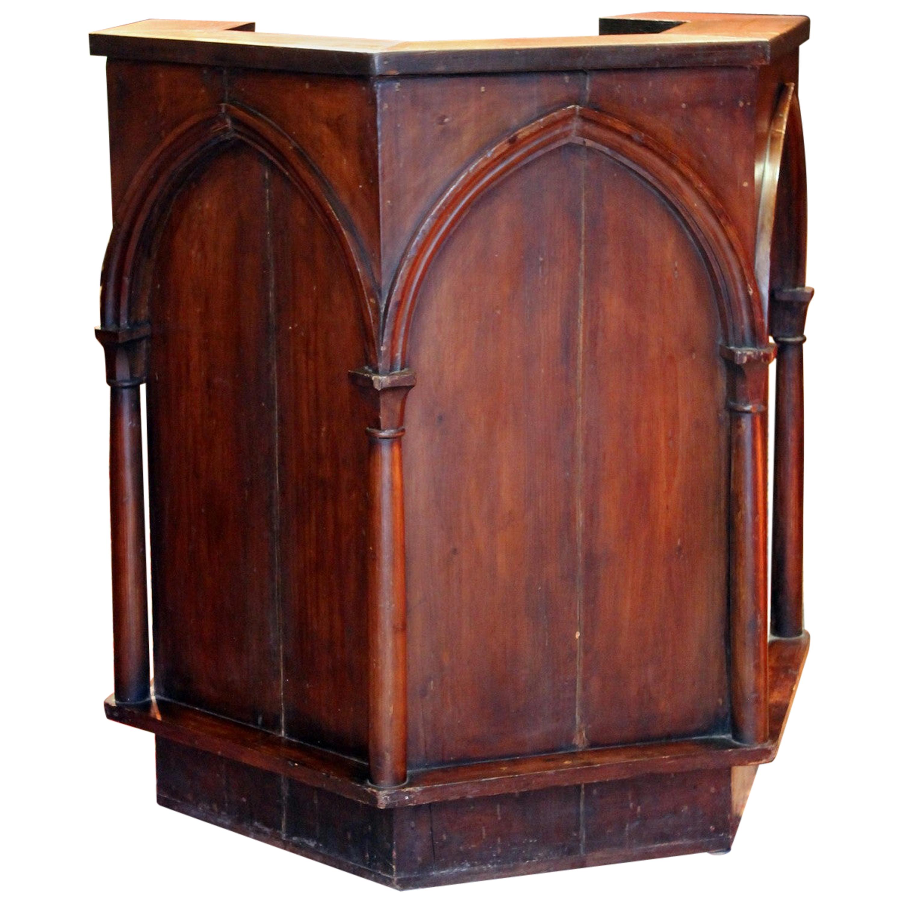 Gothic Revival Carved Walnut Wood Pulpit or Bar Counter Arches and Columns Shape