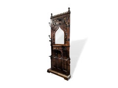 Gothic Revival Coat Rack Hall Tree Umbrella Stand Hand Carved Mirror