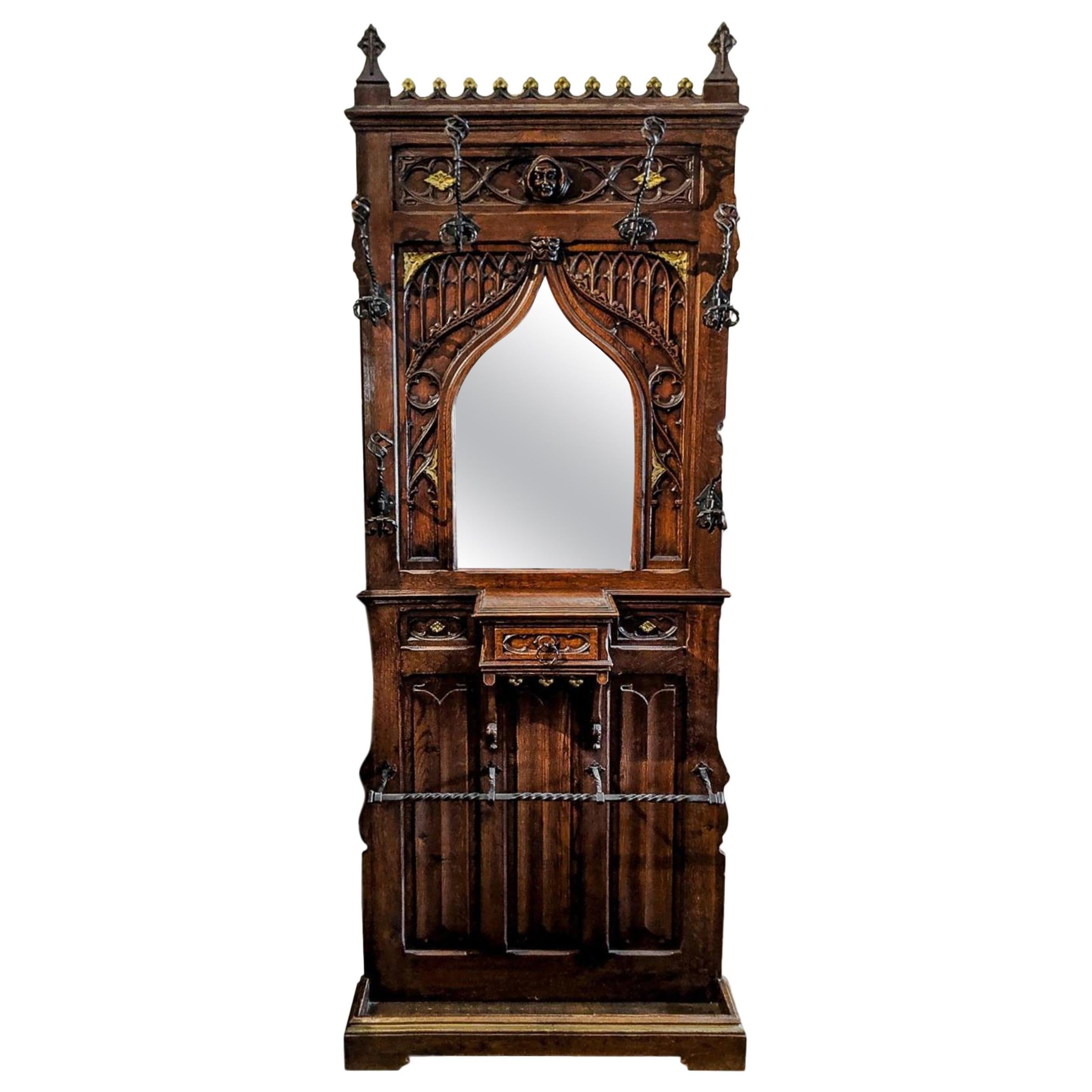 Gothic Revival Coat Rack Hall Tree Umbrella Stand Hand Carved Mirror