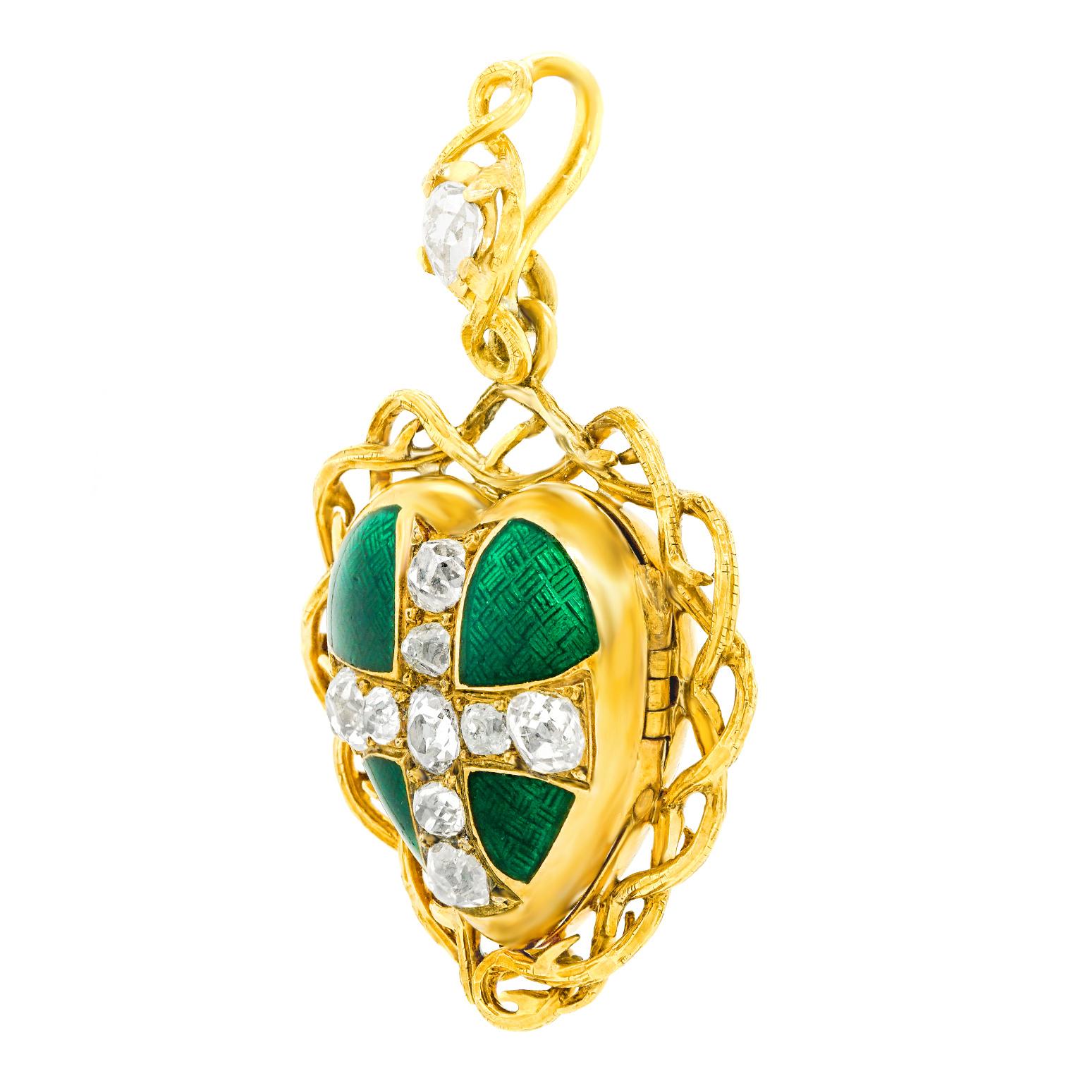 Victorian Gothic Revival Diamond and Enamel Gold Heart Pendant, French, 1870