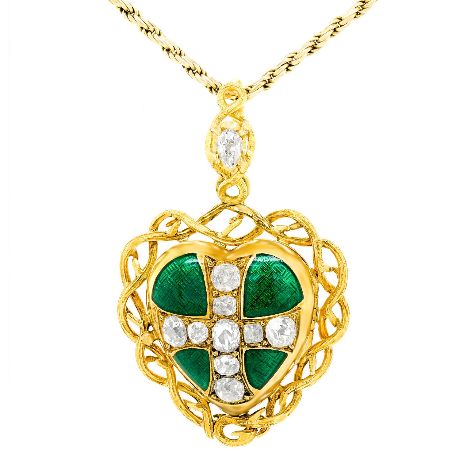 Brilliant Cut Gothic Revival Diamond and Enamel Gold Heart Pendant, French, 1870