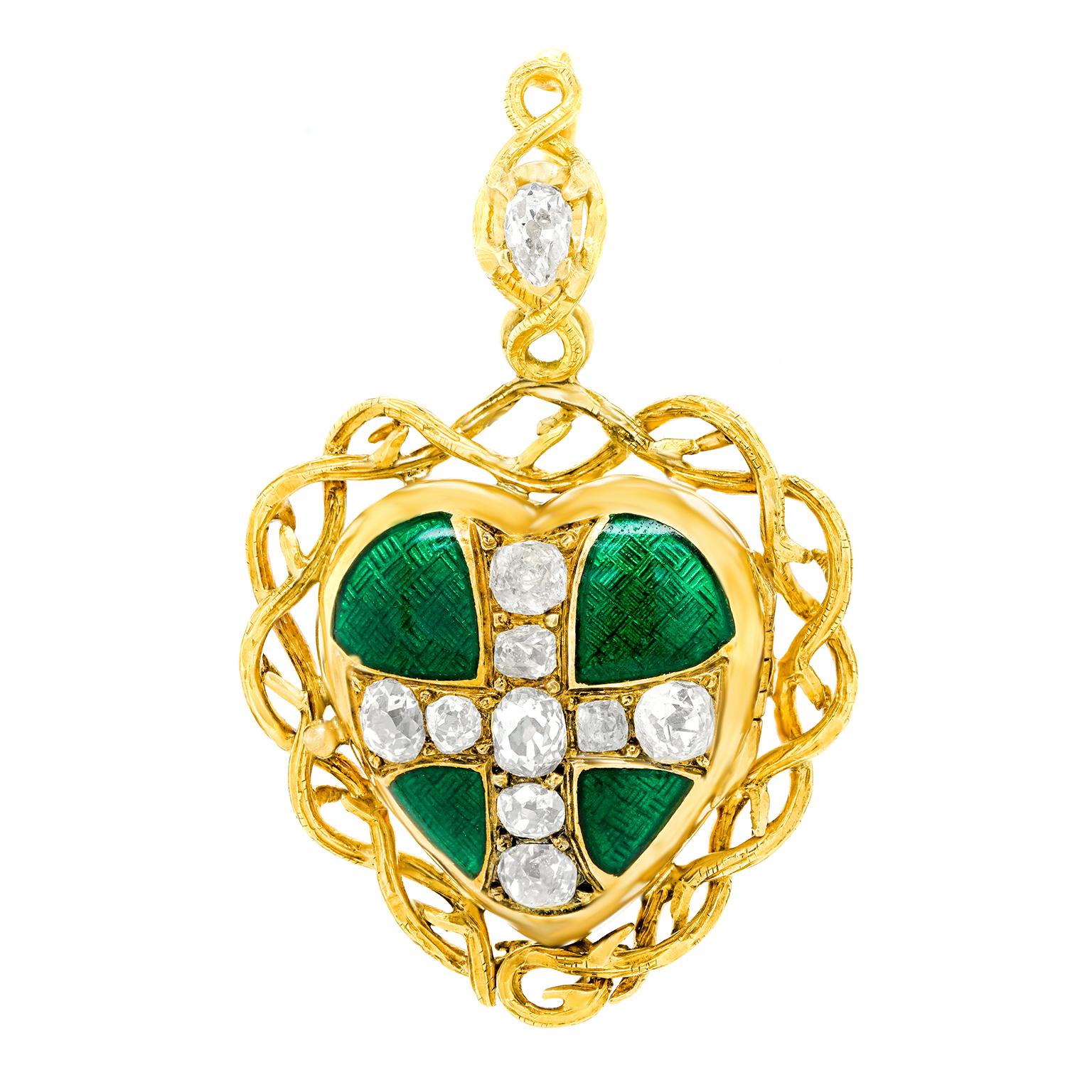 Gothic Revival Diamond and Enamel Gold Heart Pendant, French, 1870 3