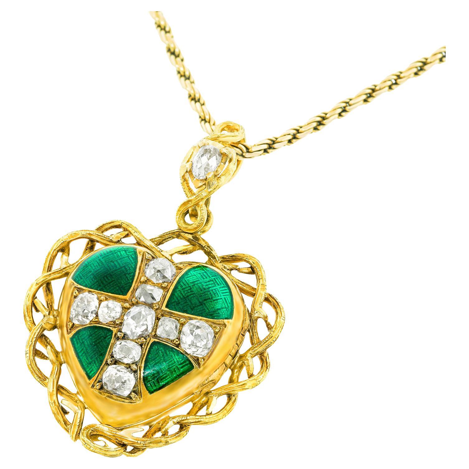 Gothic Revival Diamond and Enamel Gold Heart Pendant, French, 1870