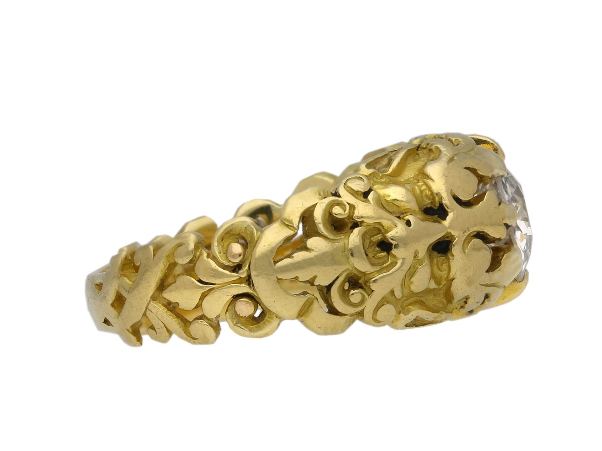 Old European Cut Gothic Revival Diamond Solitaire Carved Ring, Attributed to Wièse, circa 1890