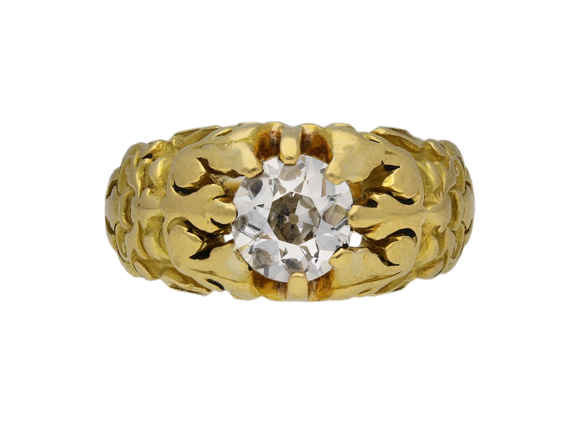 Gothic Revival Diamond Solitaire Carved Ring, Attributed to Wièse, circa 1890 For Sale