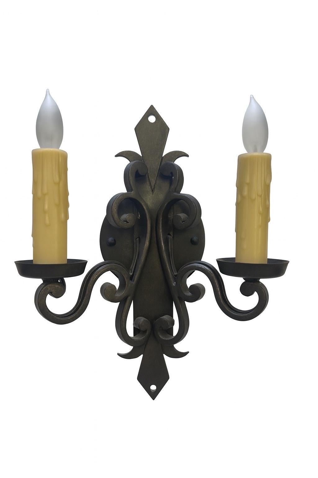 Gothic Revival Double-Arm Wall Sconce, Wrought Iron, Handcrafted, USA
