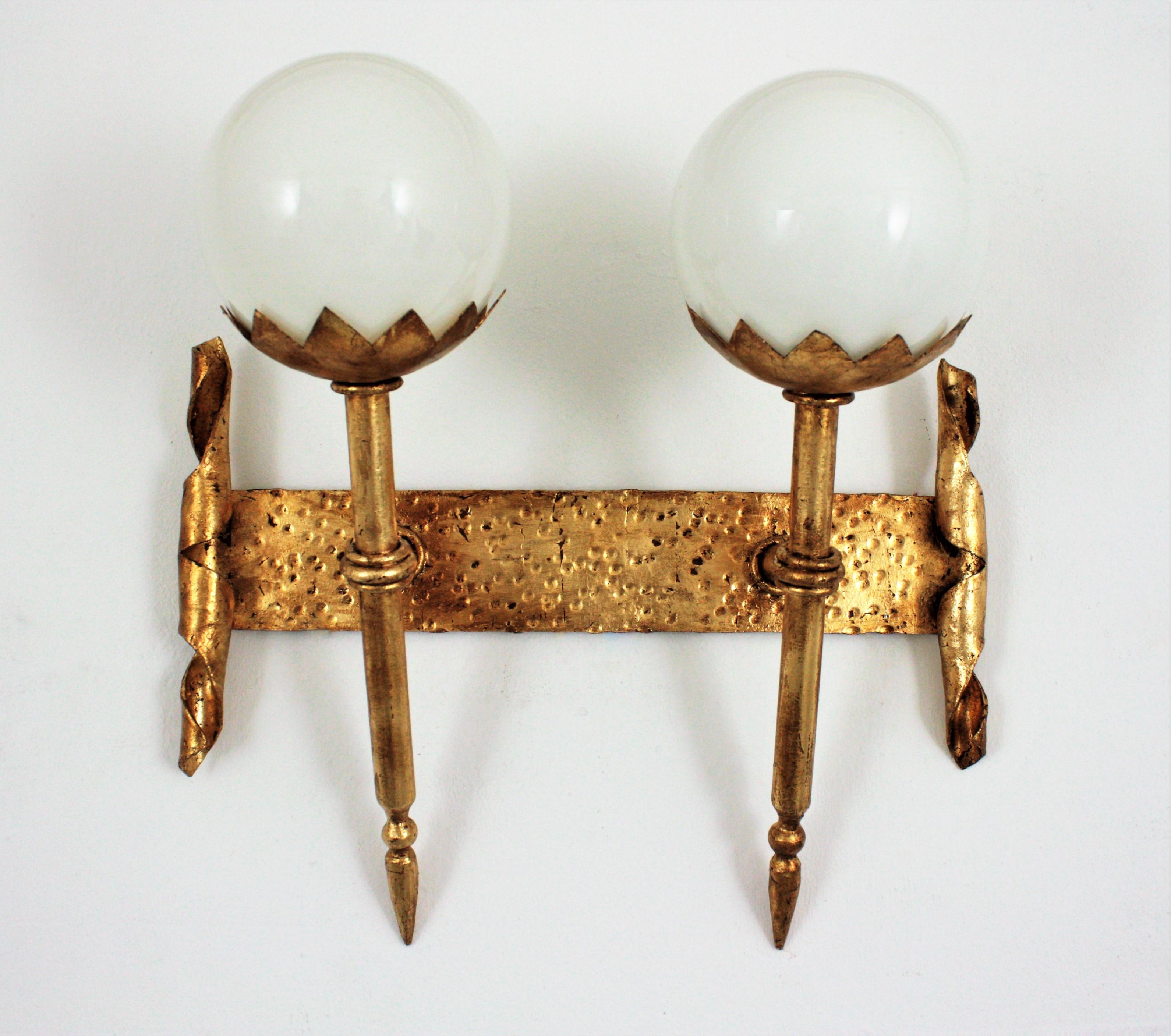 Gothic Revival Double Torch Wall Sconce in Wrought Iron with Milk Glass Globes For Sale 2