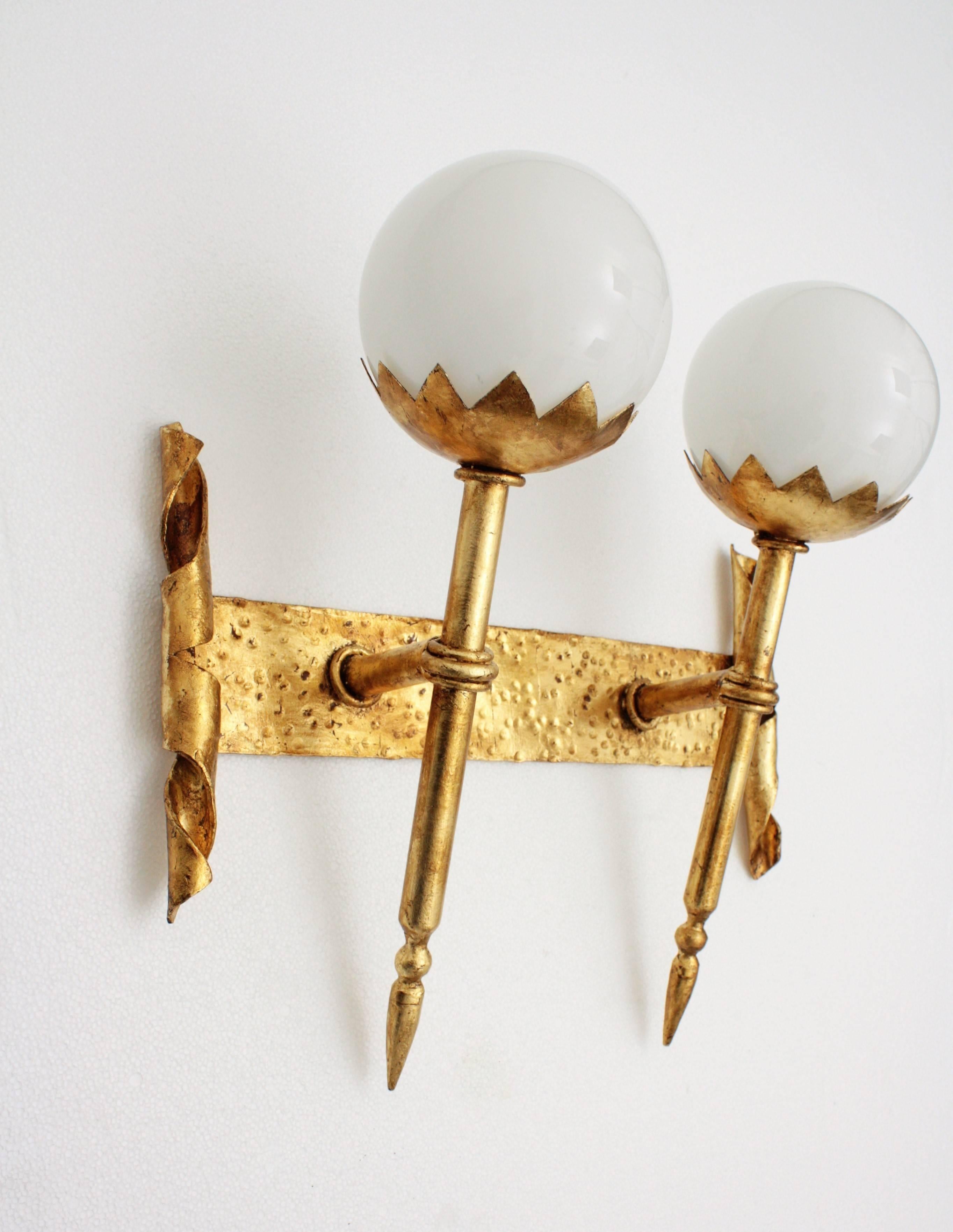 Gothic Revival Double Torch Wall Sconce in Wrought Iron with Milk Glass Globes For Sale 3