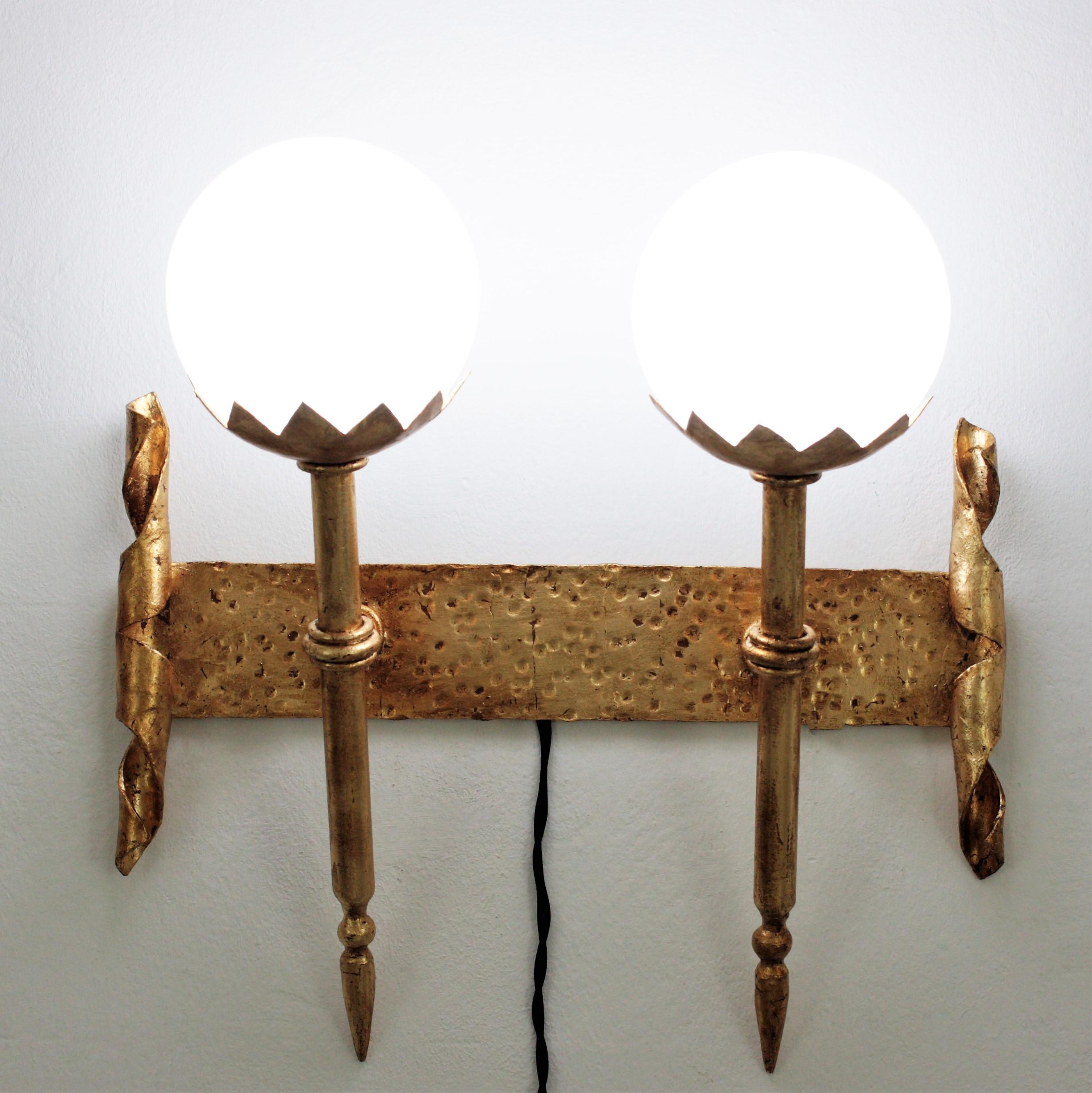 Gothic Revival Double Torch Wall Sconce in Wrought Iron with Milk Glass Globes For Sale 4