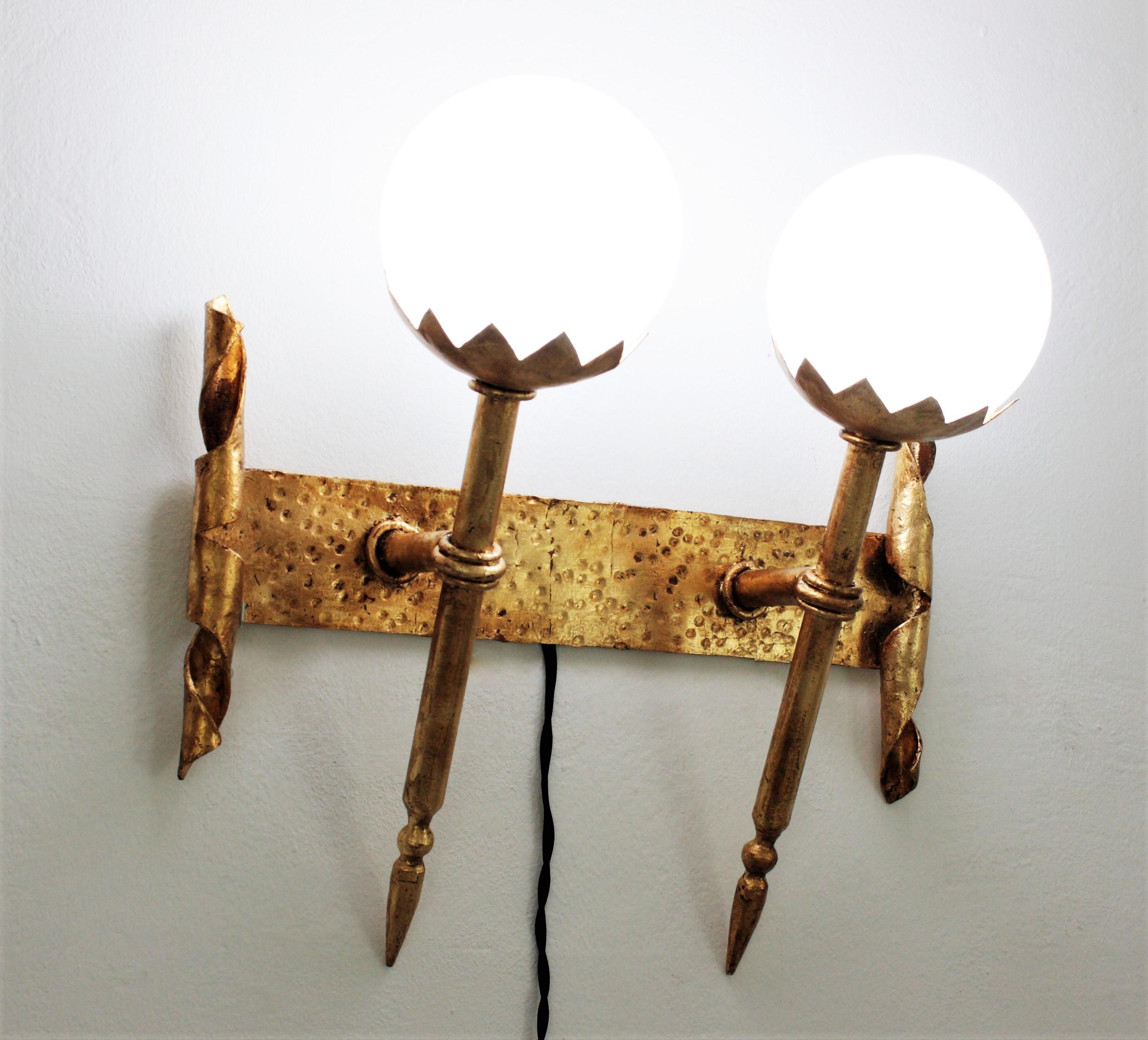Gothic Revival Double Torch Wall Sconce in Wrought Iron with Milk Glass Globes For Sale 5