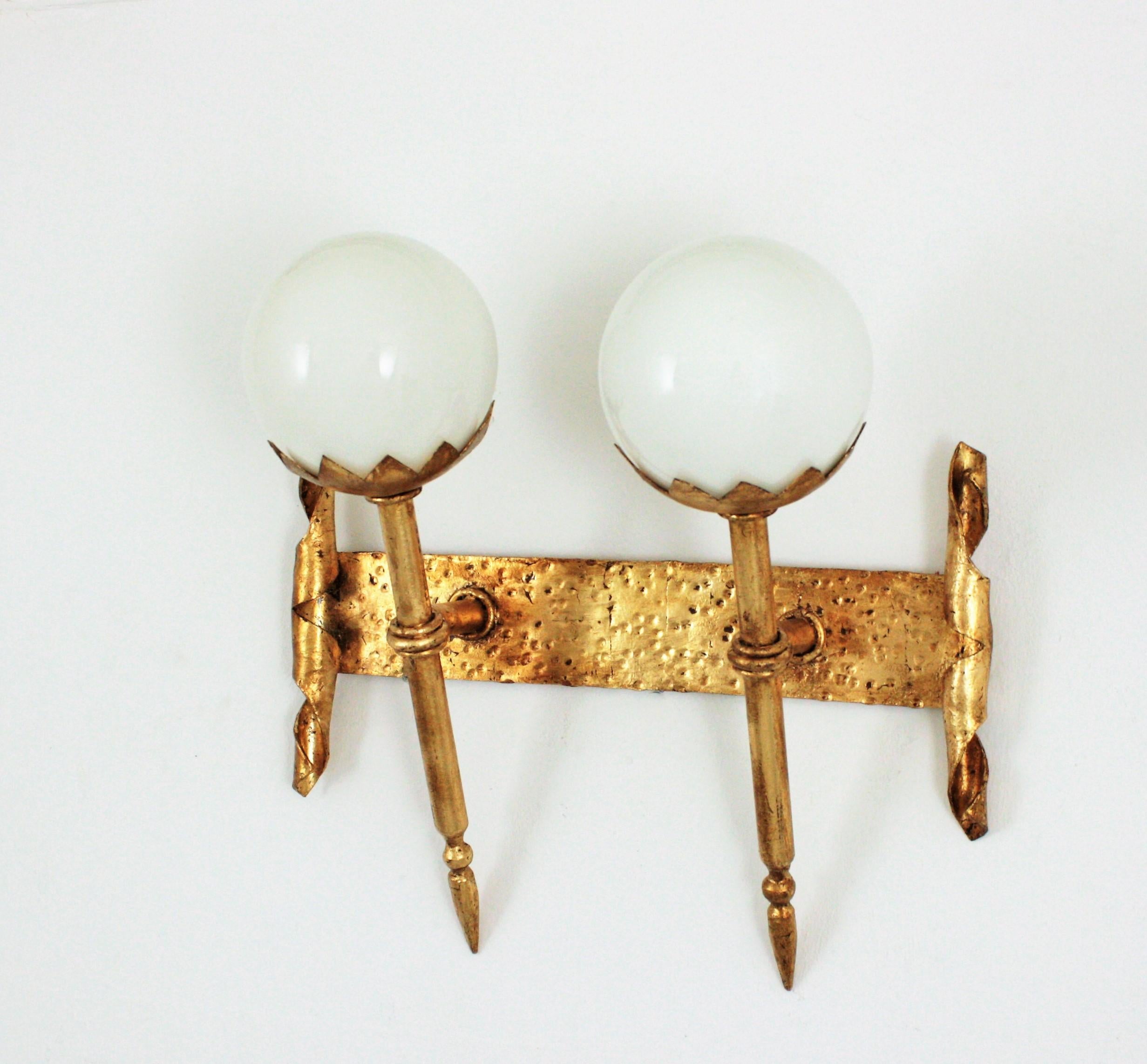 Mid-Century Modern Gothic Revival Double Torch Wall Sconce in Wrought Iron with Milk Glass Globes For Sale