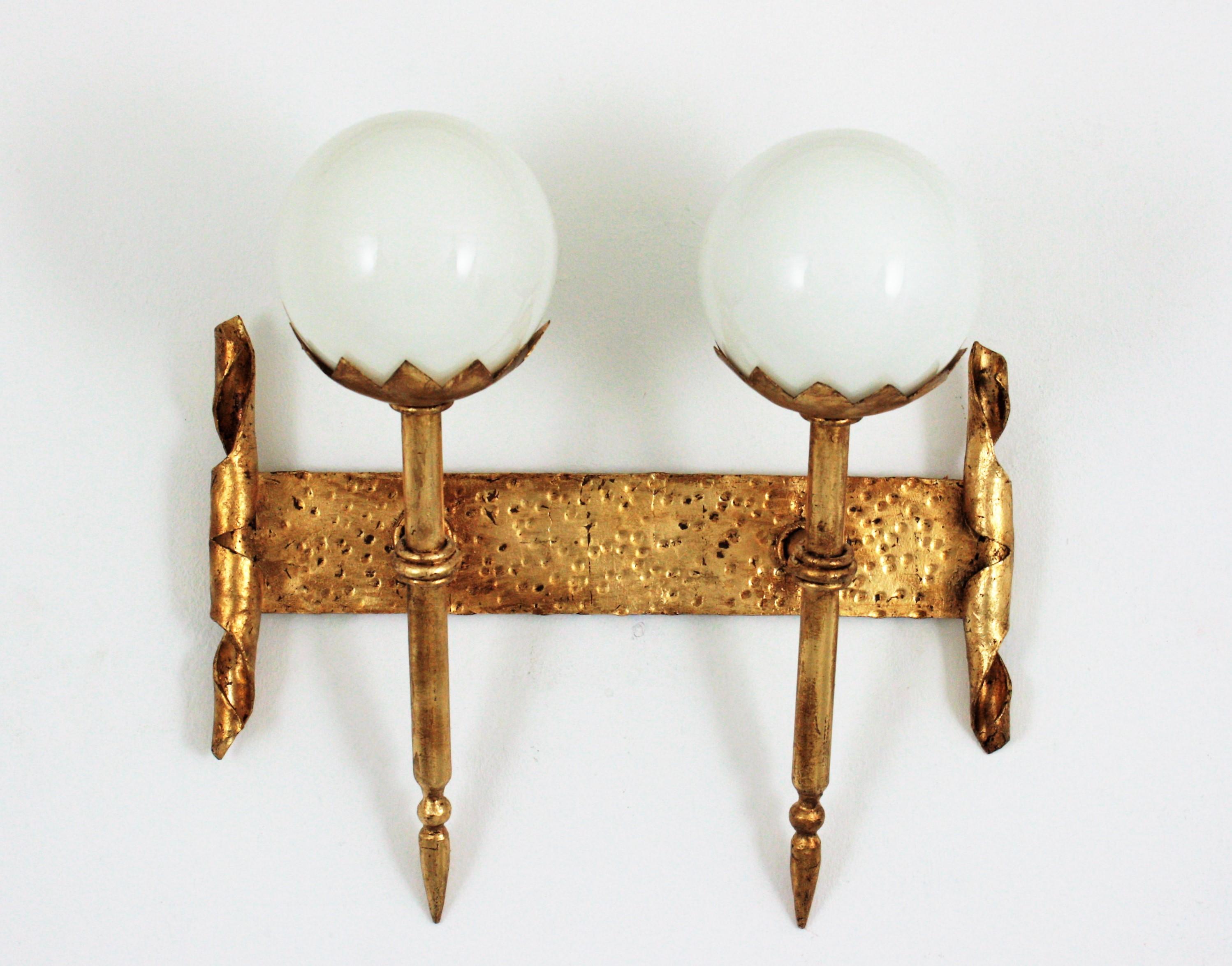 French Gothic Revival Double Torch Wall Sconce in Wrought Iron with Milk Glass Globes For Sale