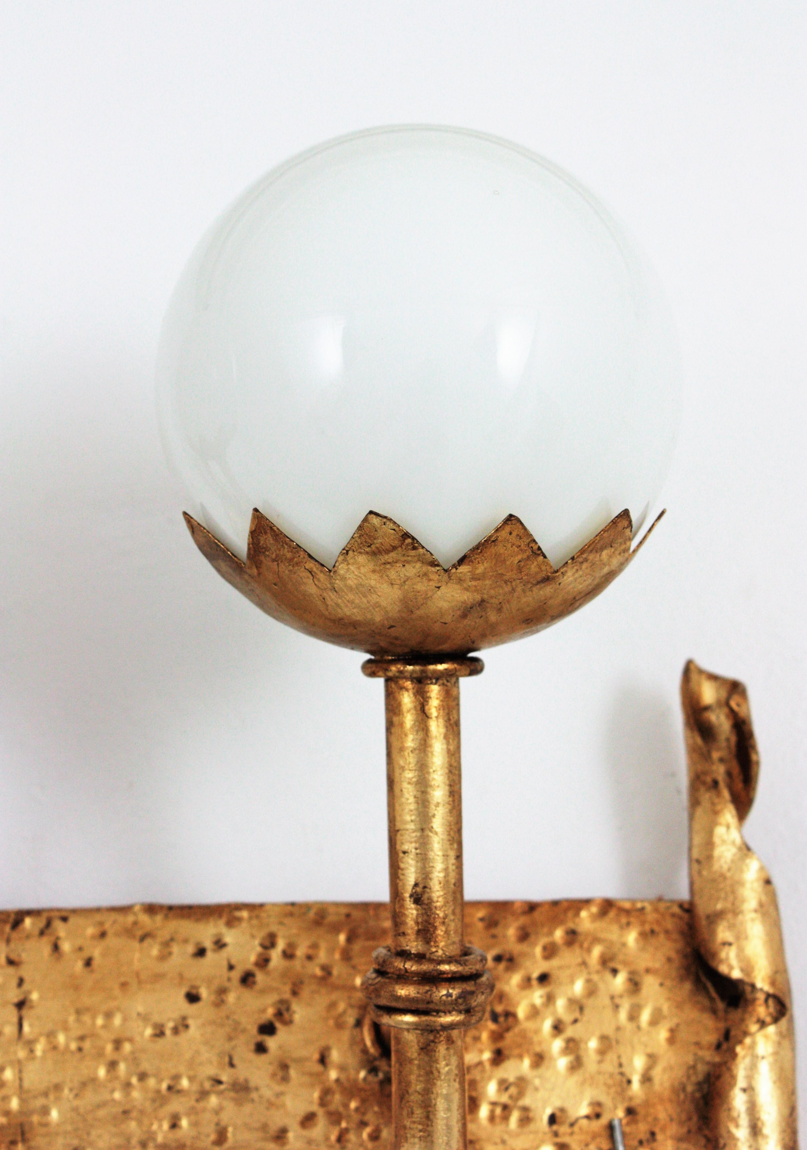 Gilt Gothic Revival Double Torch Wall Sconce in Wrought Iron with Milk Glass Globes For Sale