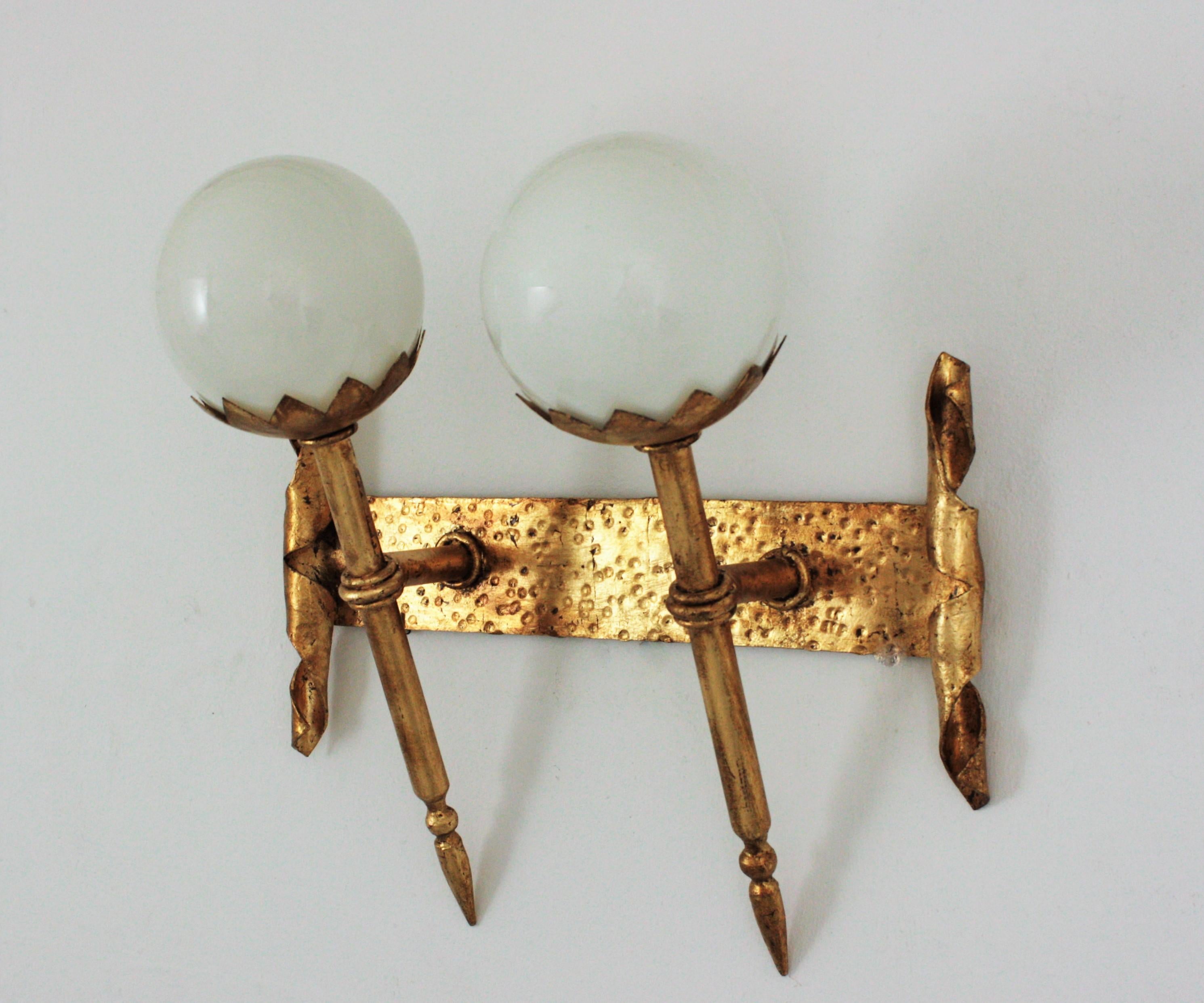 Opaline Glass Gothic Revival Double Torch Wall Sconce in Wrought Iron with Milk Glass Globes For Sale