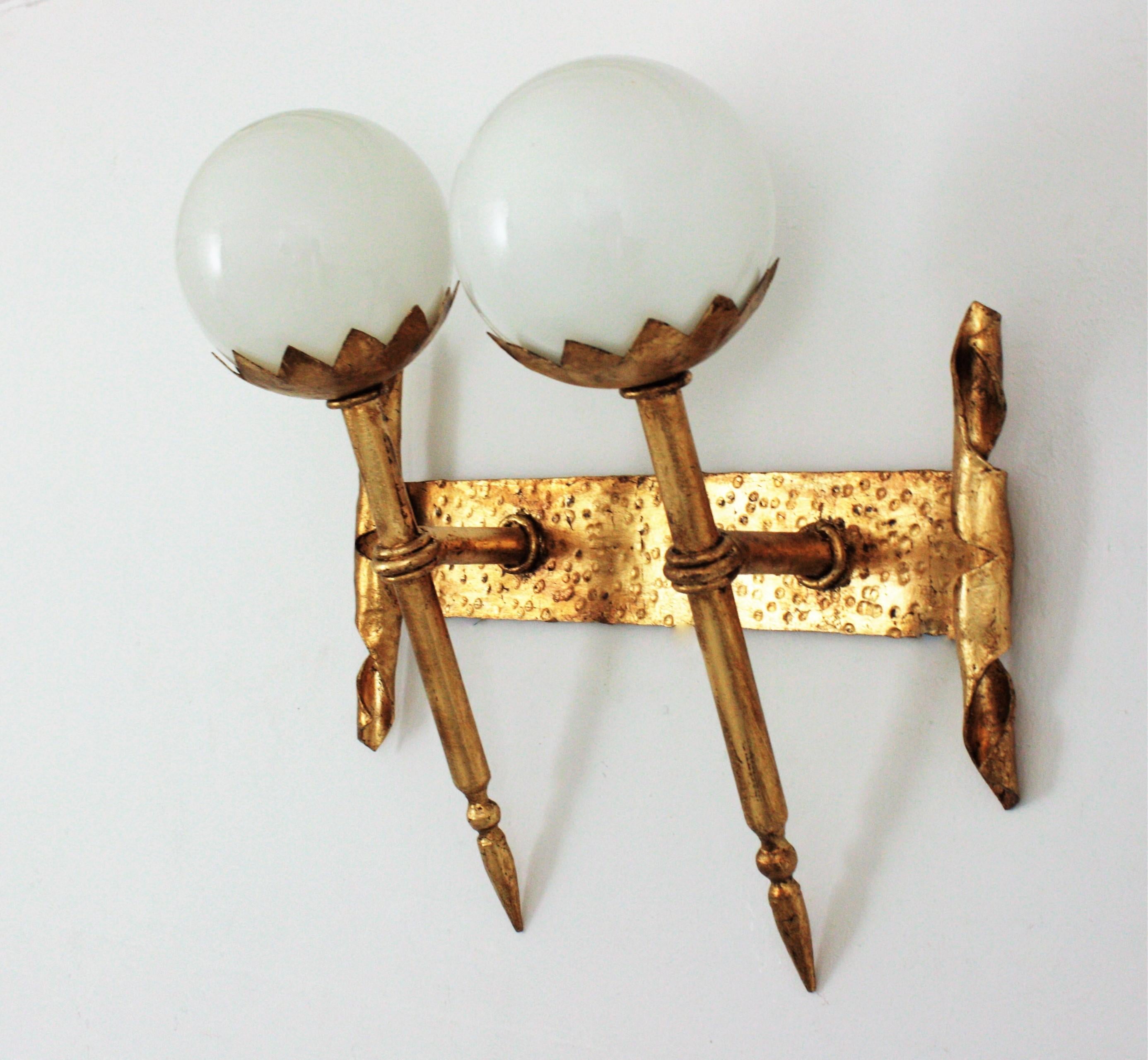 Gothic Revival Double Torch Wall Sconce in Wrought Iron with Milk Glass Globes For Sale 1