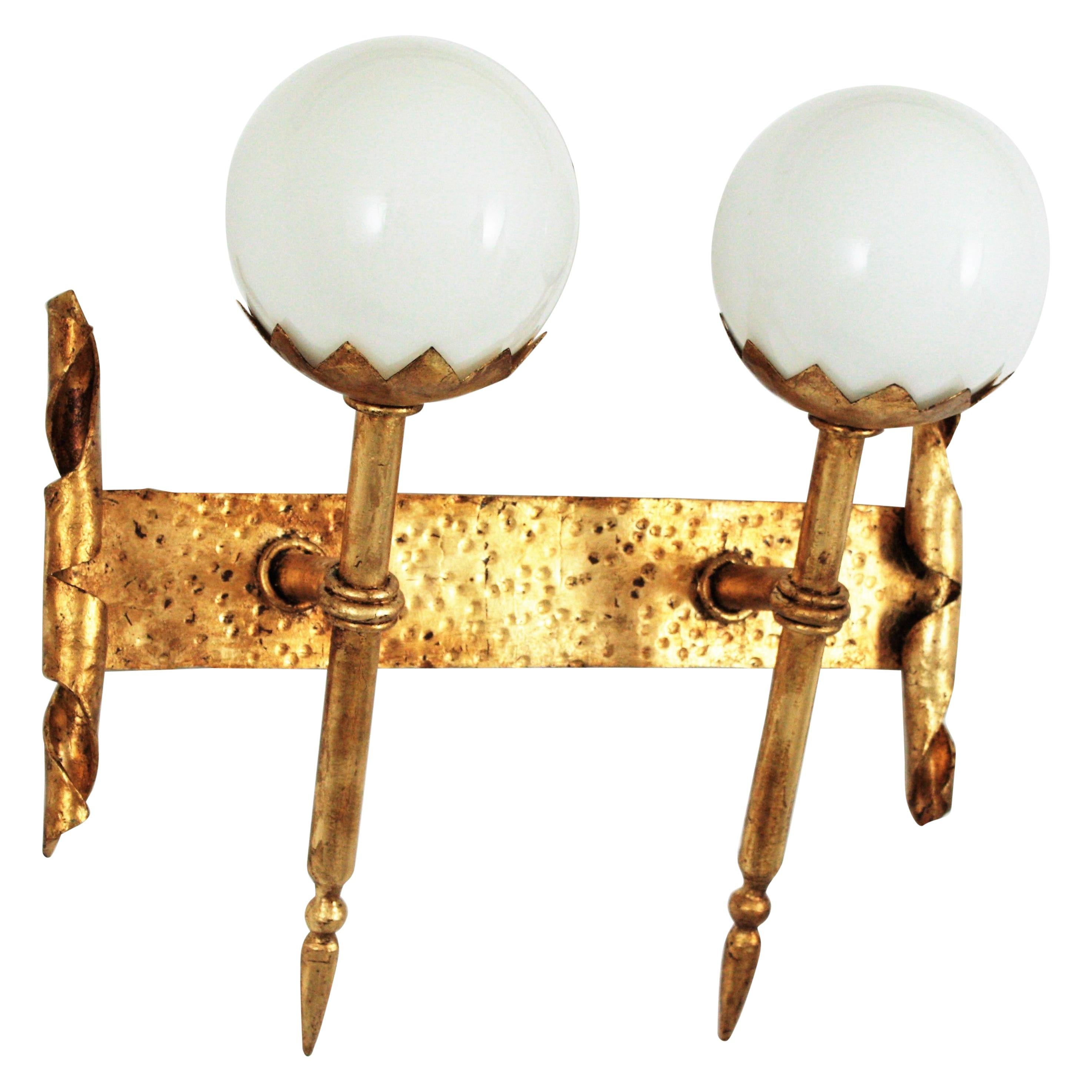 Gothic Revival Double Torch Wall Sconce in Wrought Iron with Milk Glass Globes For Sale