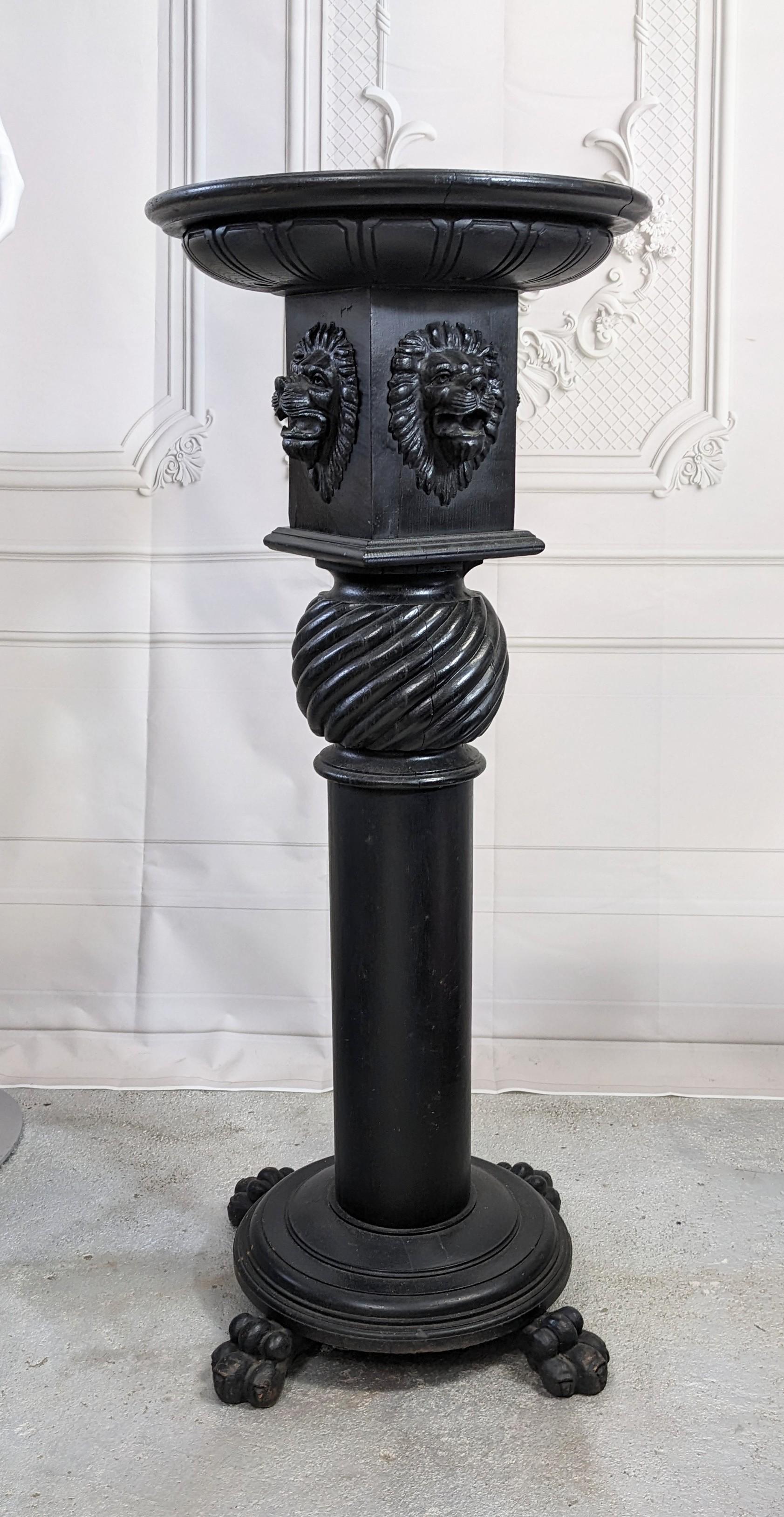 Carved Gothic Revival Ebonized Lion's Head Pedestal For Sale