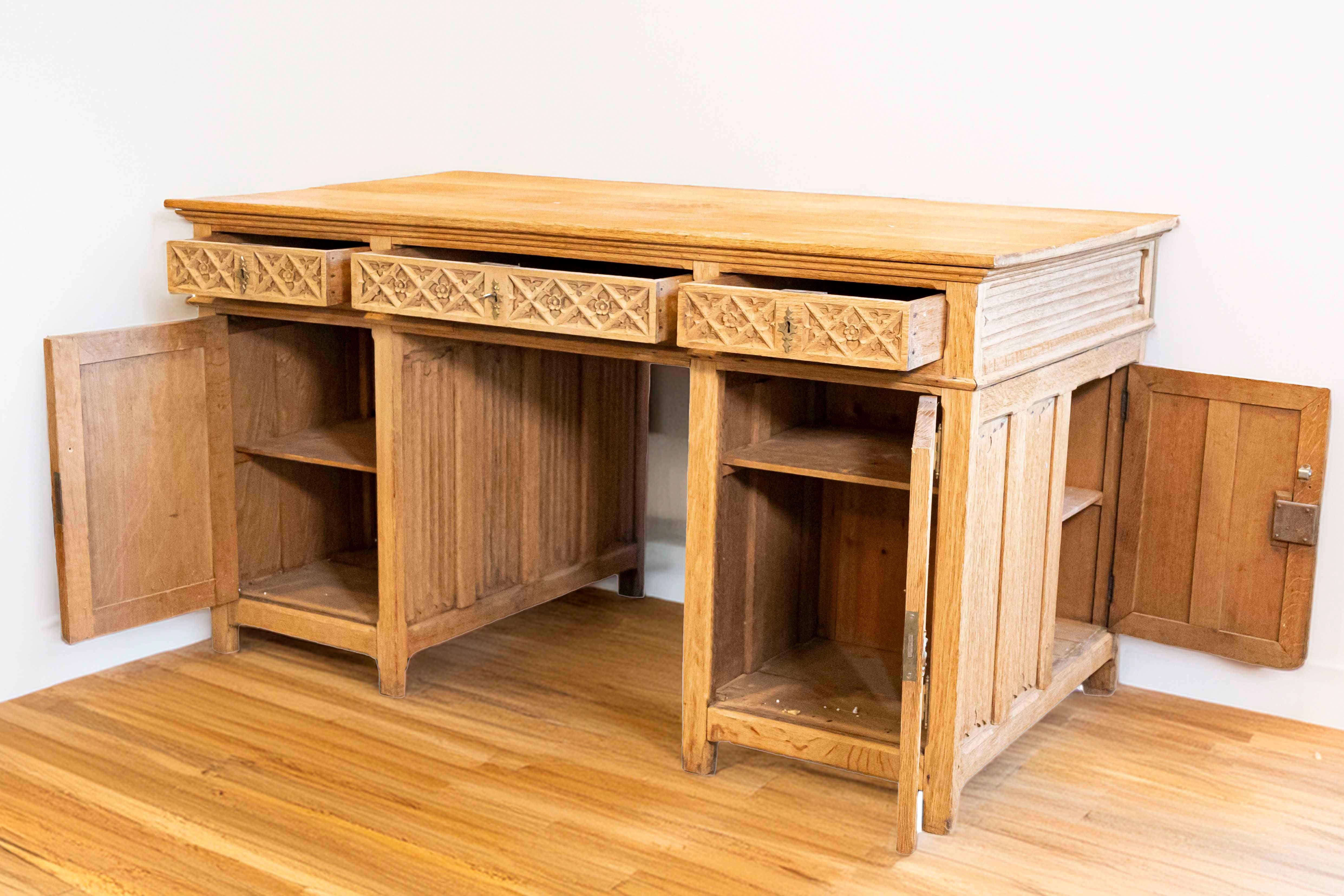 19th Century Gothic Revival English Desk of Bleached Oak with Linenfold Motifs, circa 1830 For Sale