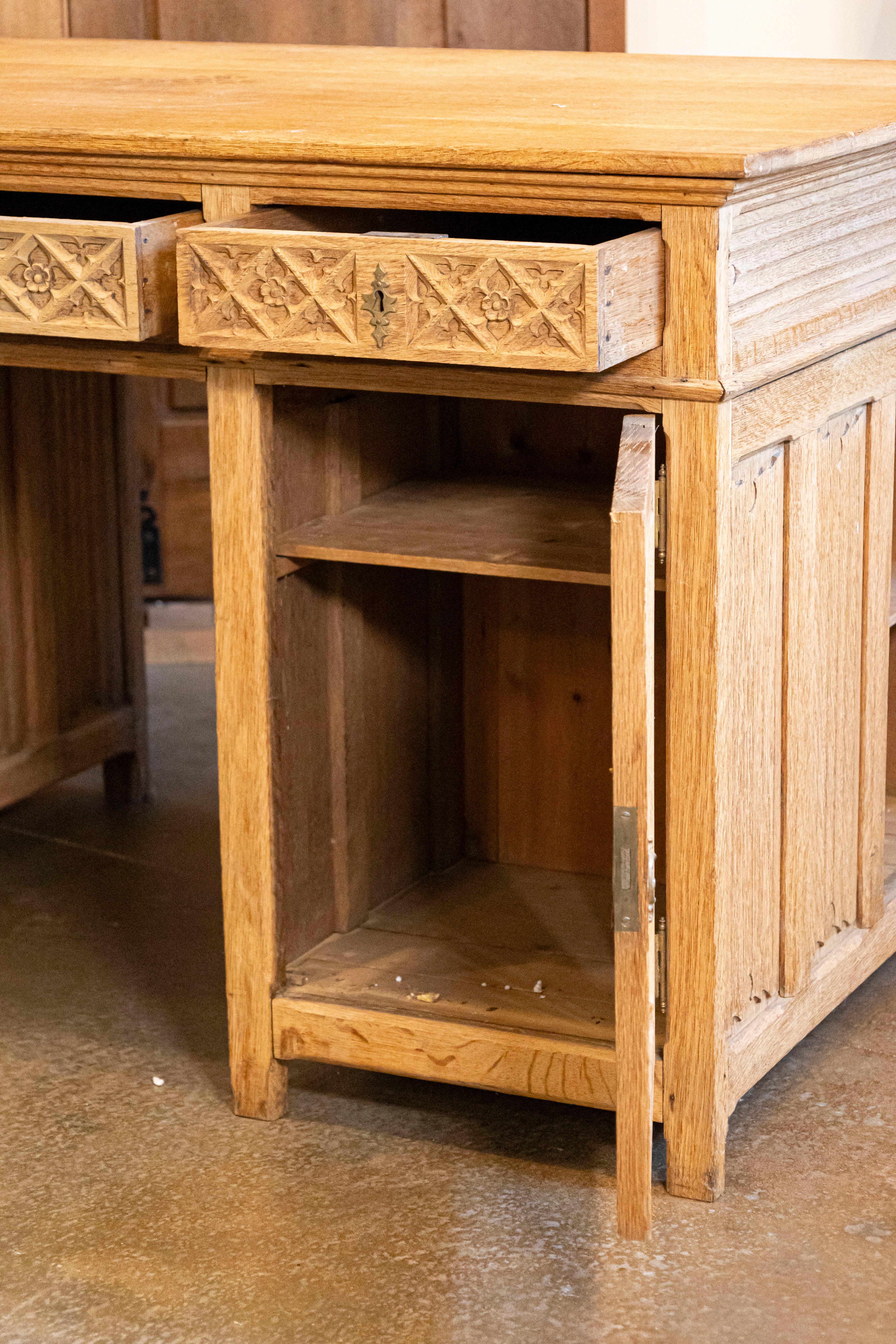 Wood Gothic Revival English Desk of Bleached Oak with Linenfold Motifs, circa 1830 For Sale