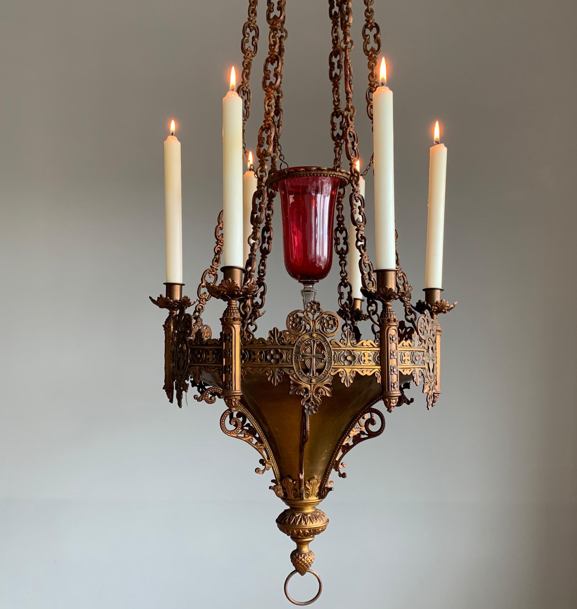 Gothic Revival Fine Bronze and Brass Church Candle Chandelier / Pendant Light 9