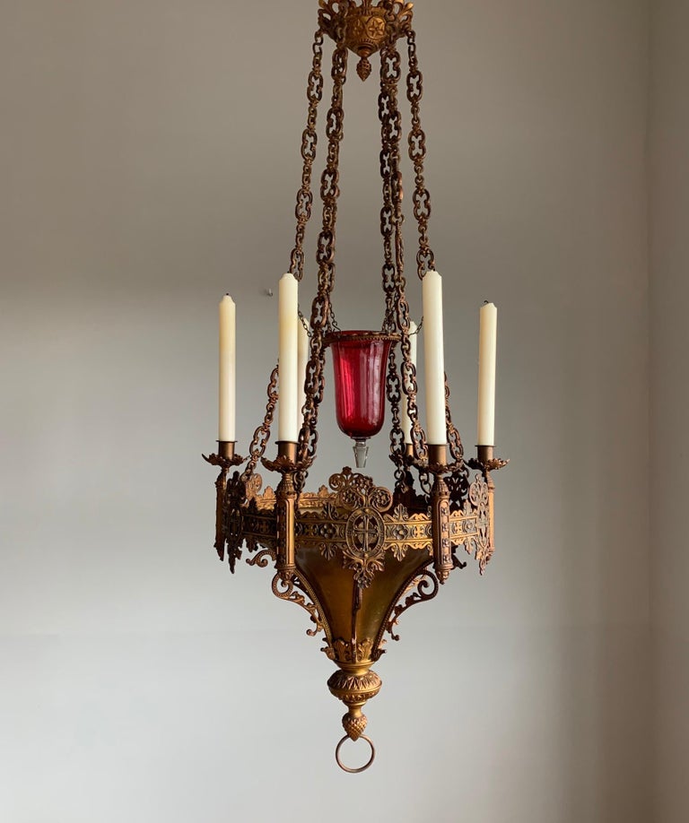 Gothic Revival Fine Bronze and Brass Church Candle Chandelier / Pendant ...