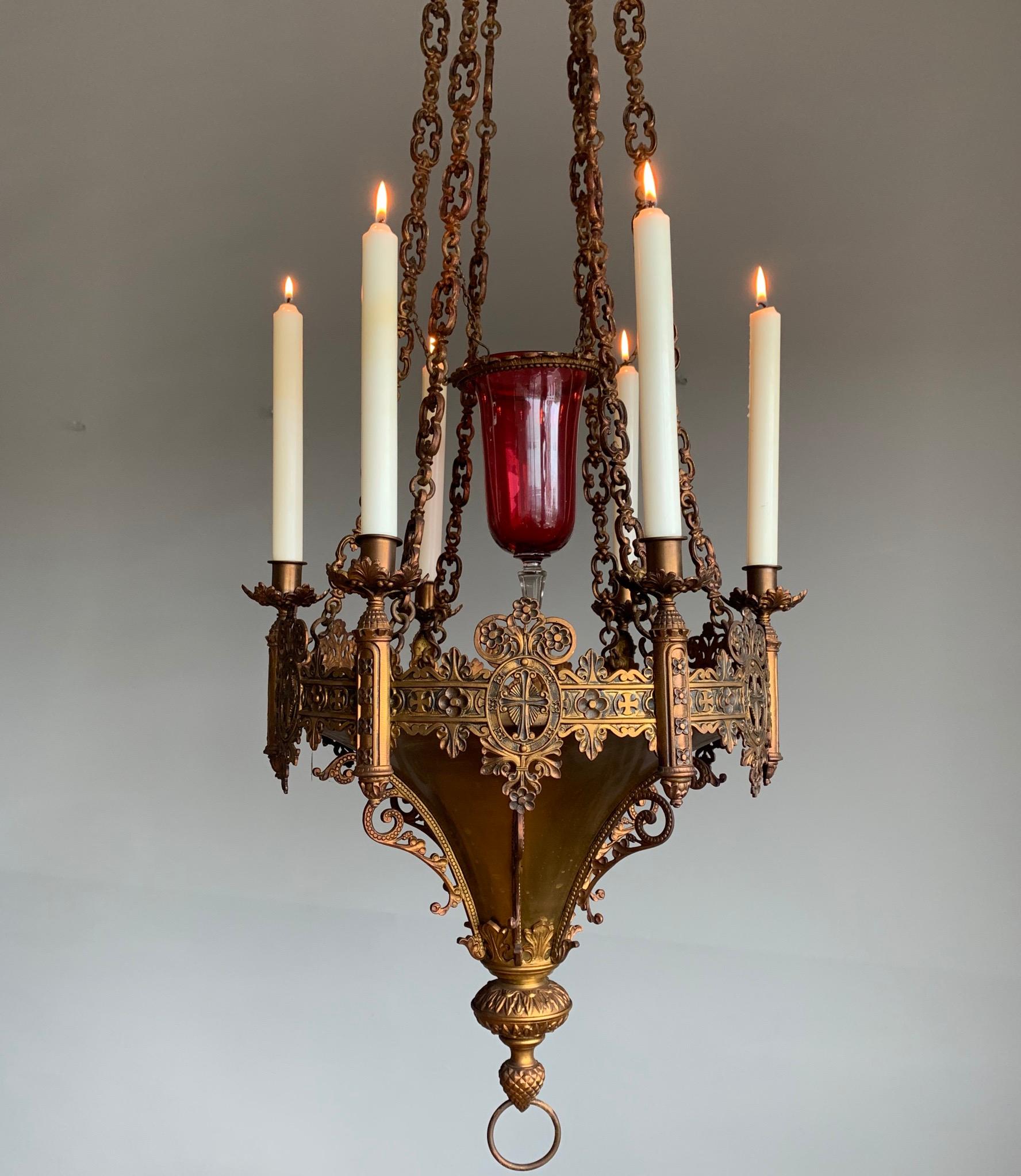 Gothic Revival Fine Bronze and Brass Church Candle Chandelier / Pendant Light In Good Condition In Lisse, NL