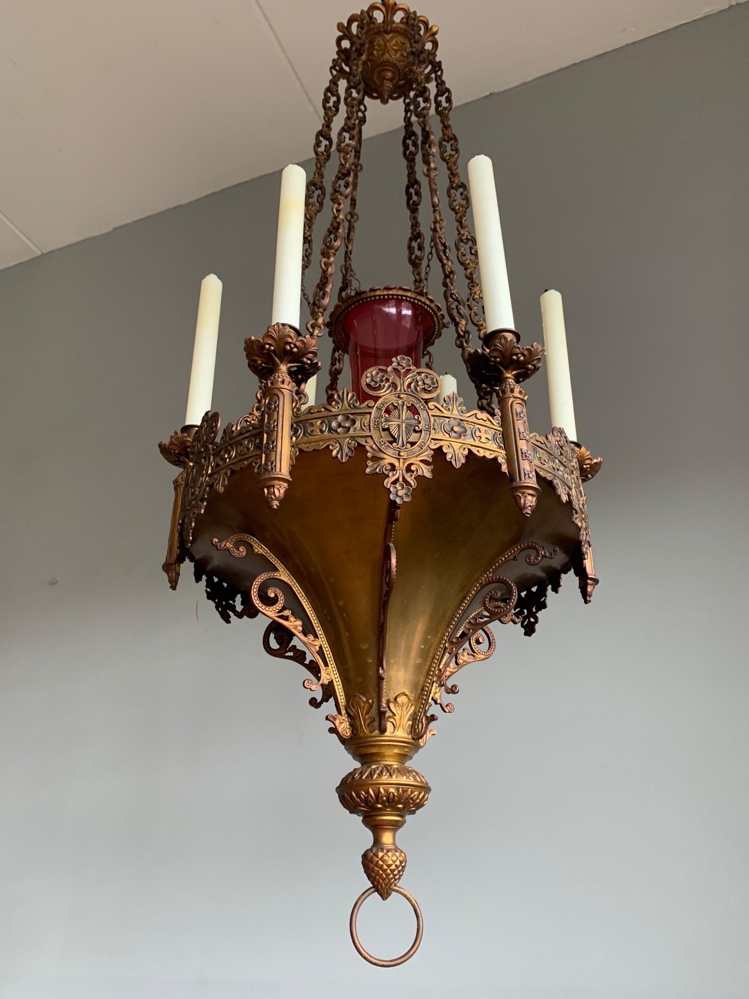 20th Century Gothic Revival Fine Bronze and Brass Church Candle Chandelier / Pendant Light