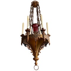 Antique Gothic Revival Fine Bronze and Brass Church Candle Chandelier / Pendant Light