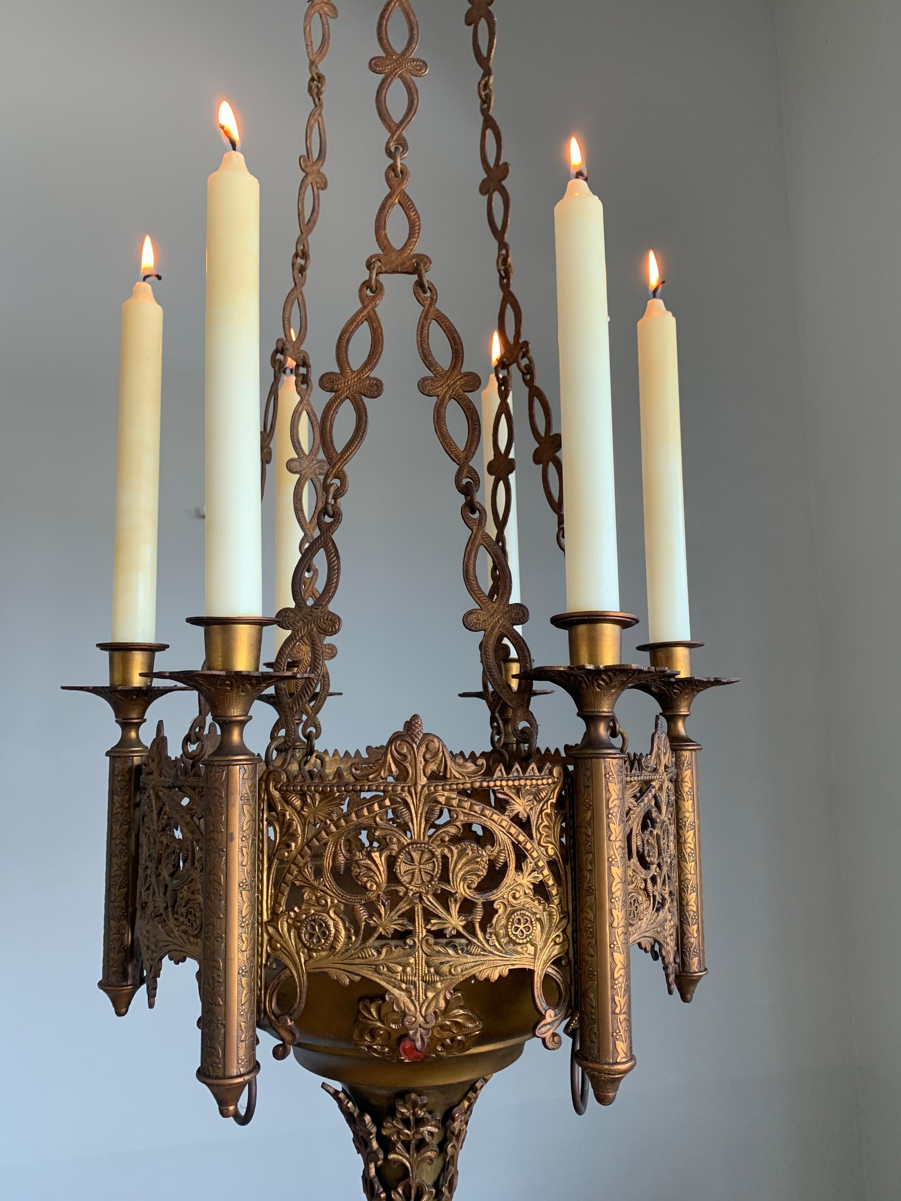 Gothic Revival Fine Bronze & Brass Church Chandelier / Six Candle Lamp / Pendant 8