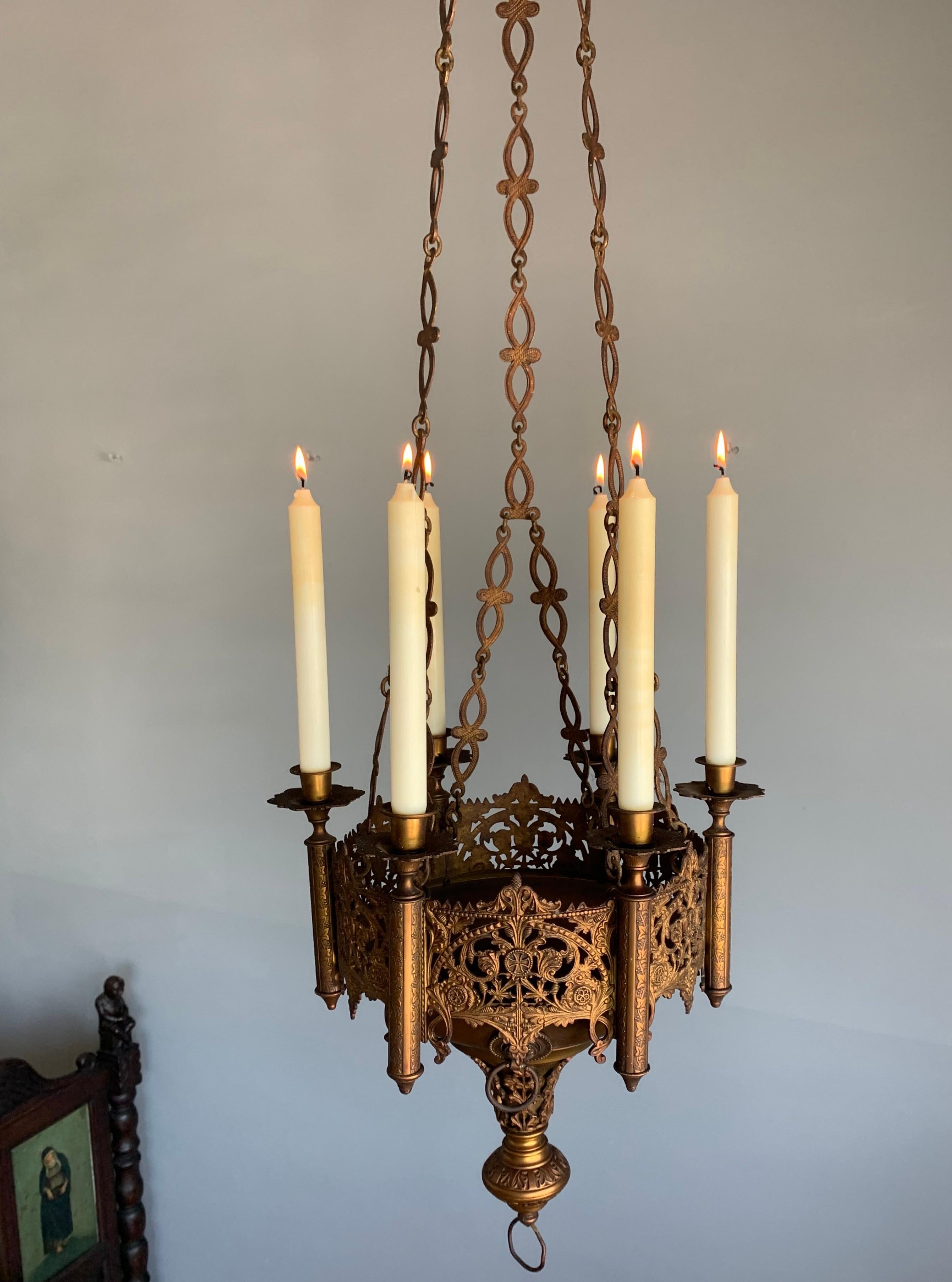 Gothic Revival Fine Bronze & Brass Church Chandelier / Six Candle Lamp / Pendant 9