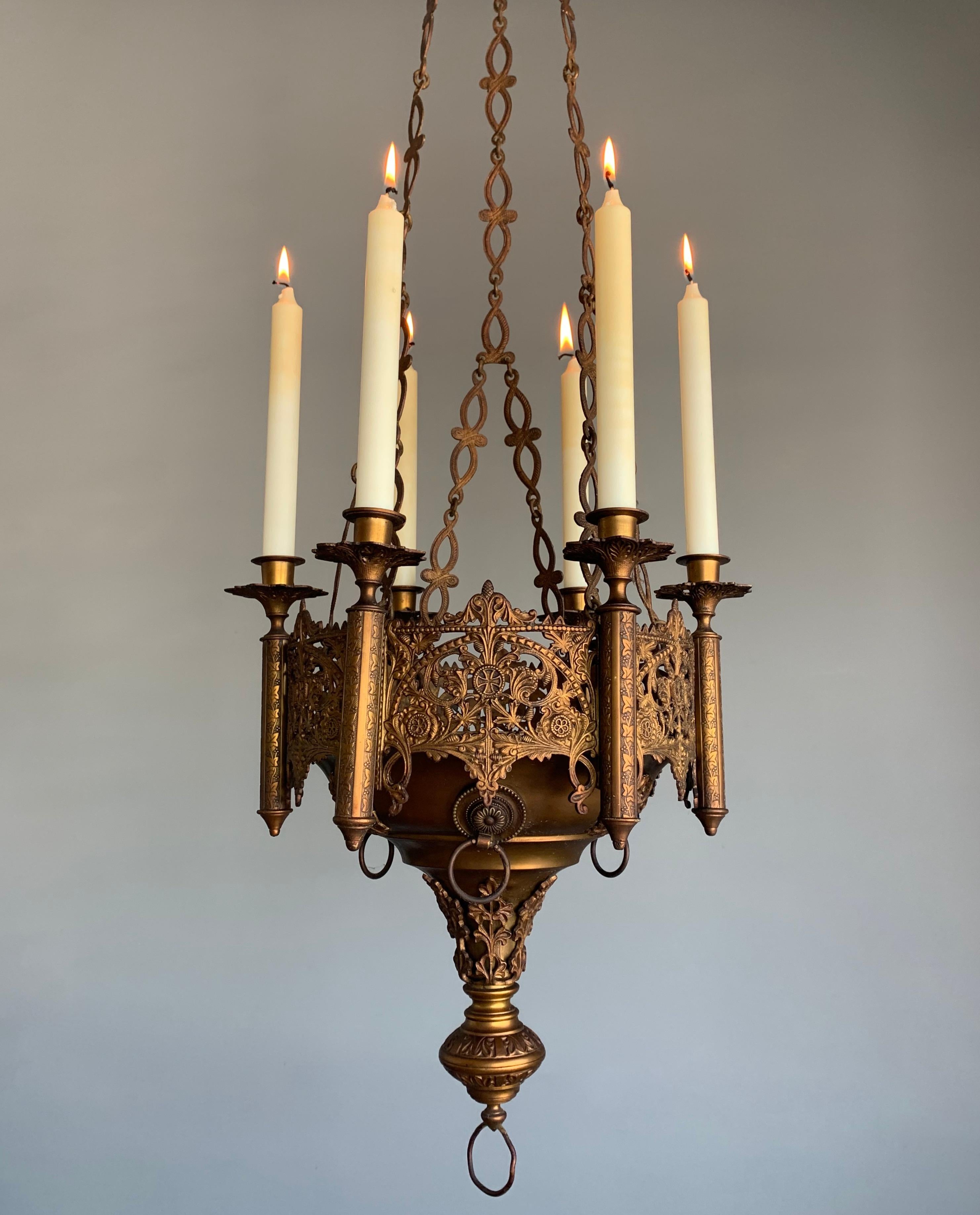 Gothic Revival Fine Bronze & Brass Church Chandelier / Six Candle Lamp / Pendant 10